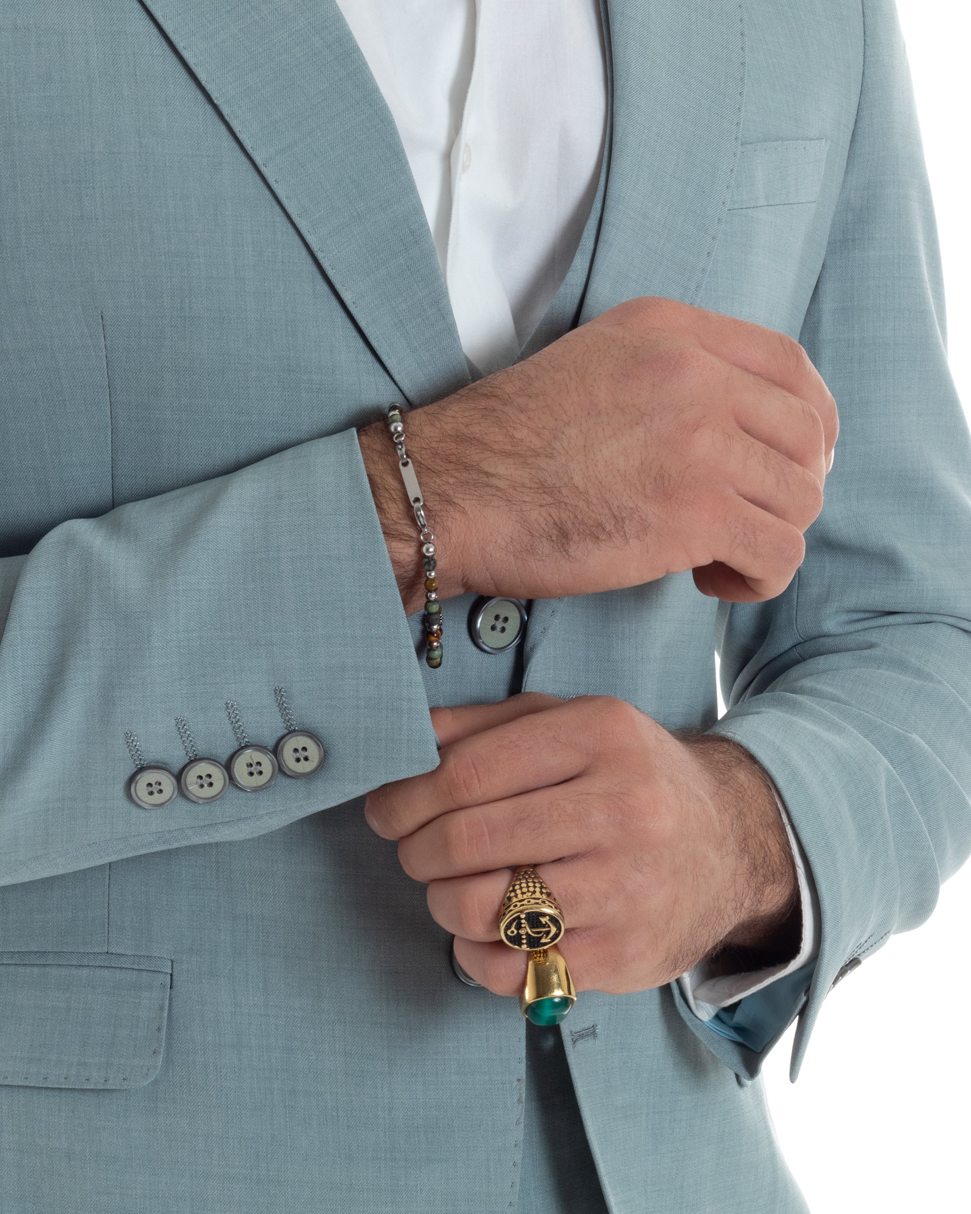 Abito Uomo Monopetto Vestito 3 Pezzi Completo Giacca Pantaloni Panciotto Elegante Sartoriale Melangiato Verde Acqua GIOSAL-AE1114A