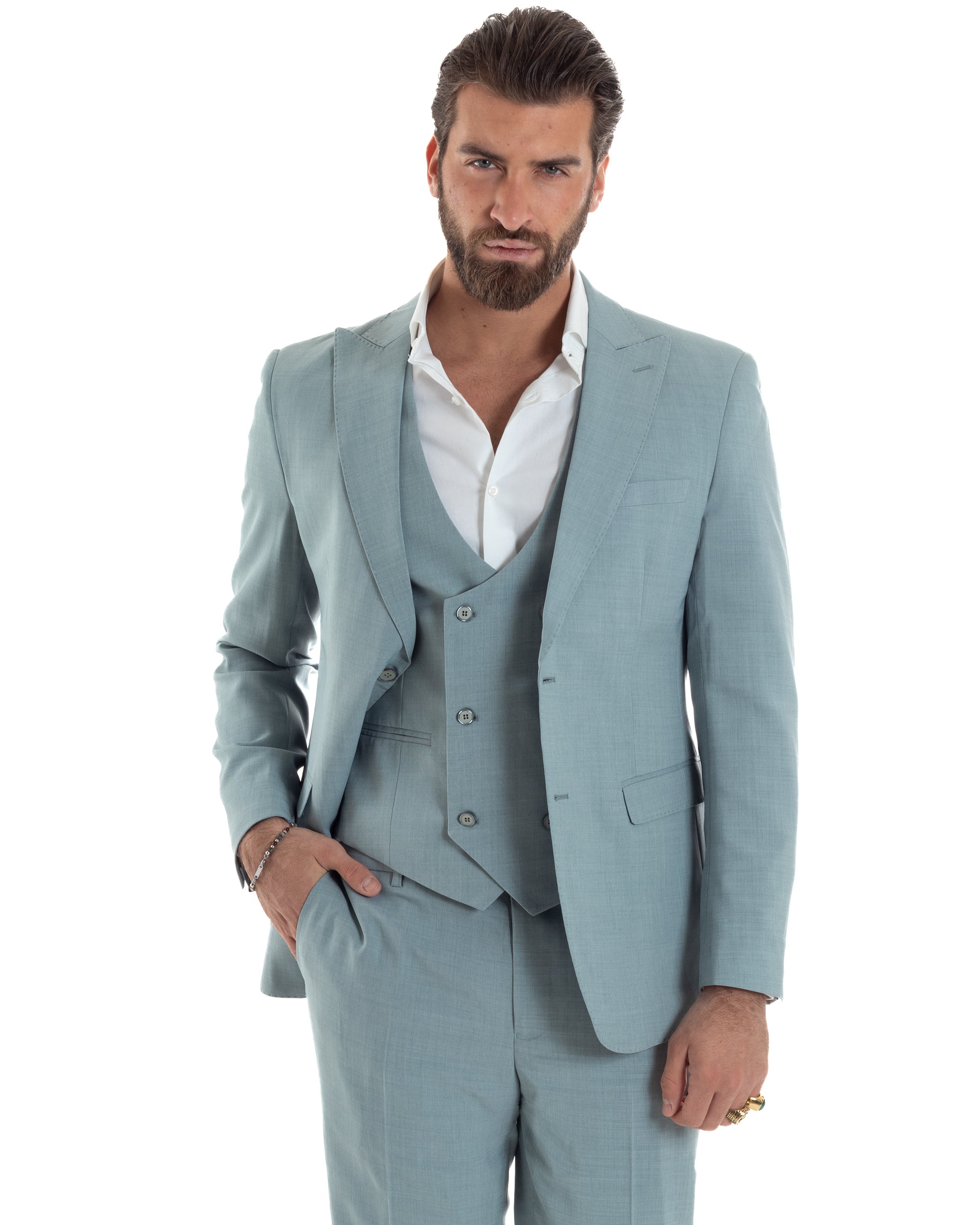 Abito Uomo Monopetto Vestito 3 Pezzi Completo Giacca Pantaloni Panciotto Elegante Sartoriale Melangiato Verde Acqua GIOSAL-AE1114A
