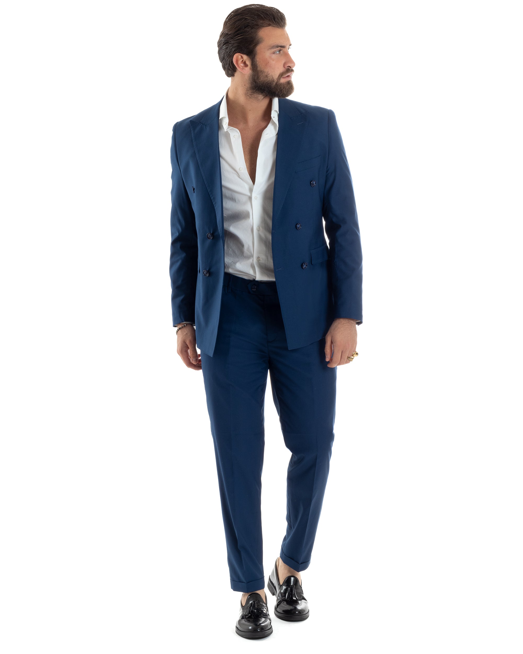 Abito Uomo Doppiopetto Vestito Viscosa Completo Giacca Pantaloni Elegante Sartoriale Casual Tinta Unita Blu Chiaro GIOSAL-AE1115A