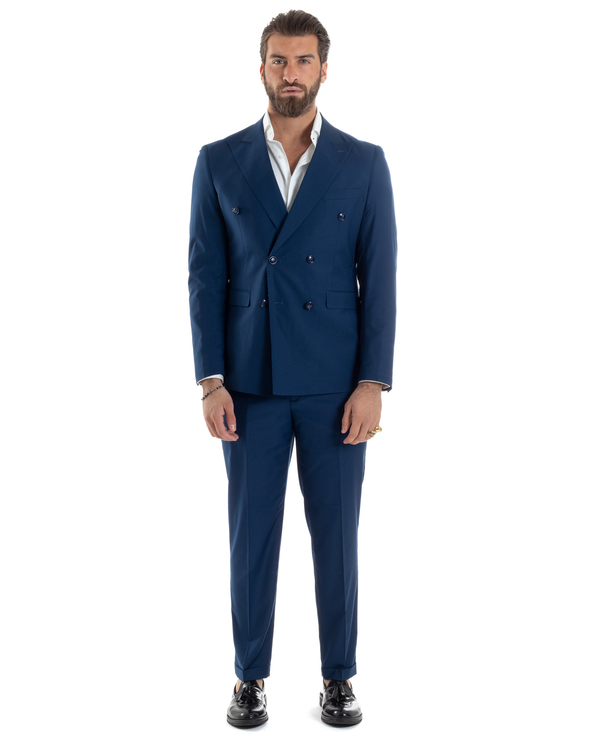 Abito Uomo Doppiopetto Vestito Viscosa Completo Giacca Pantaloni Elegante Sartoriale Casual Tinta Unita Blu Chiaro GIOSAL-AE1115A