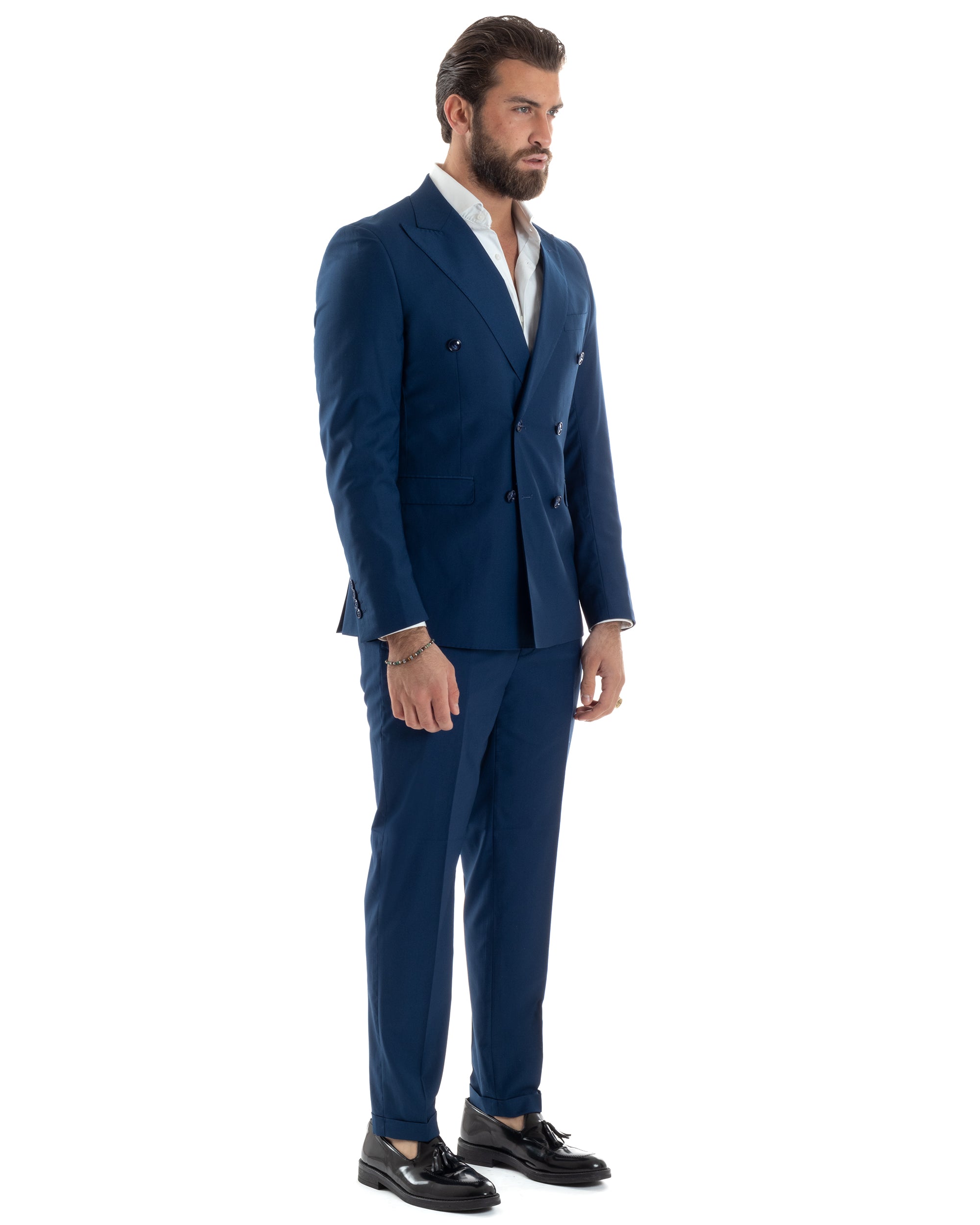 Abito Uomo Doppiopetto Vestito Viscosa Completo Giacca Pantaloni Elegante Sartoriale Casual Tinta Unita Blu Chiaro GIOSAL-AE1115A