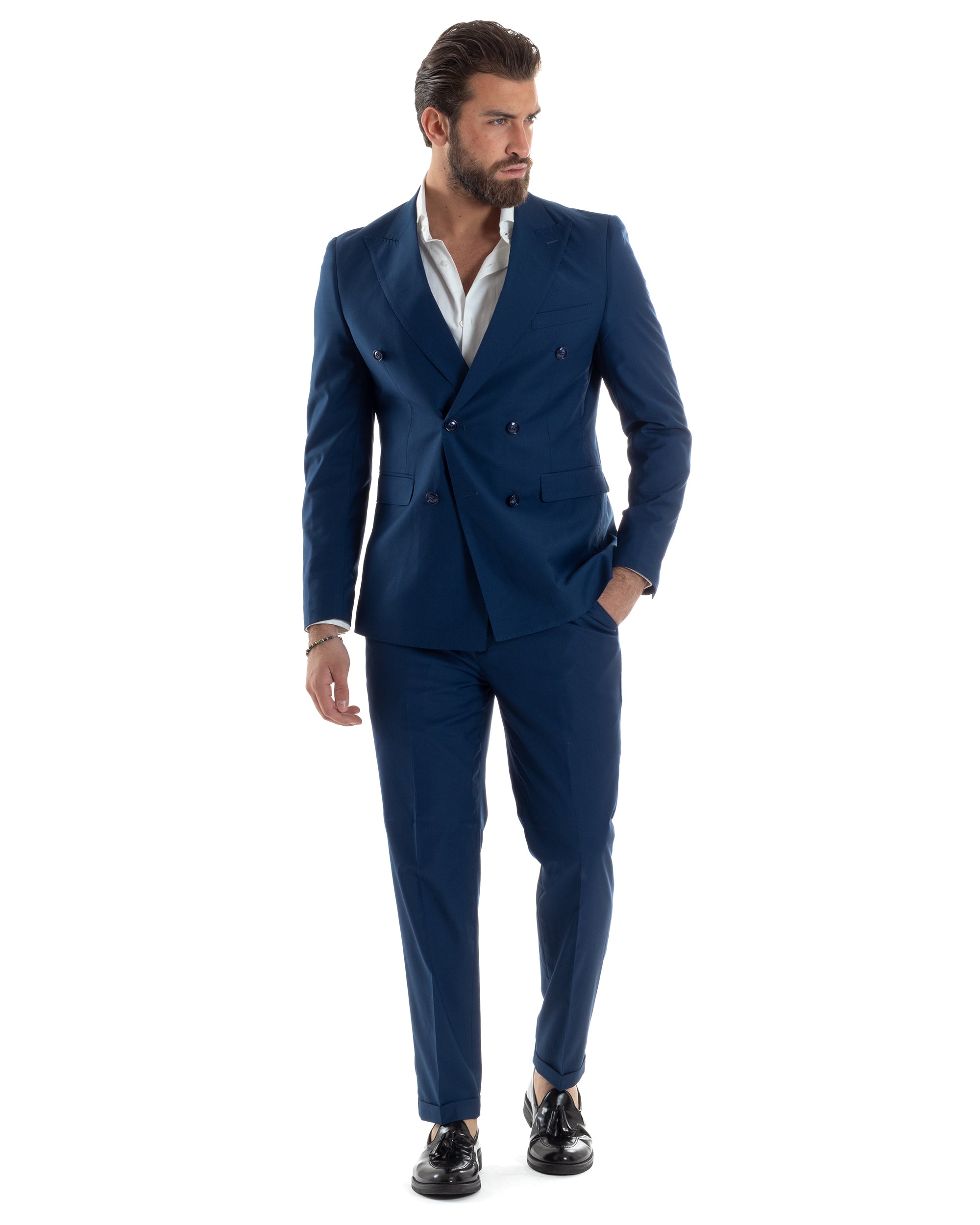 Abito Uomo Doppiopetto Vestito Viscosa Completo Giacca Pantaloni Elegante Sartoriale Casual Tinta Unita Blu Chiaro GIOSAL-AE1115A