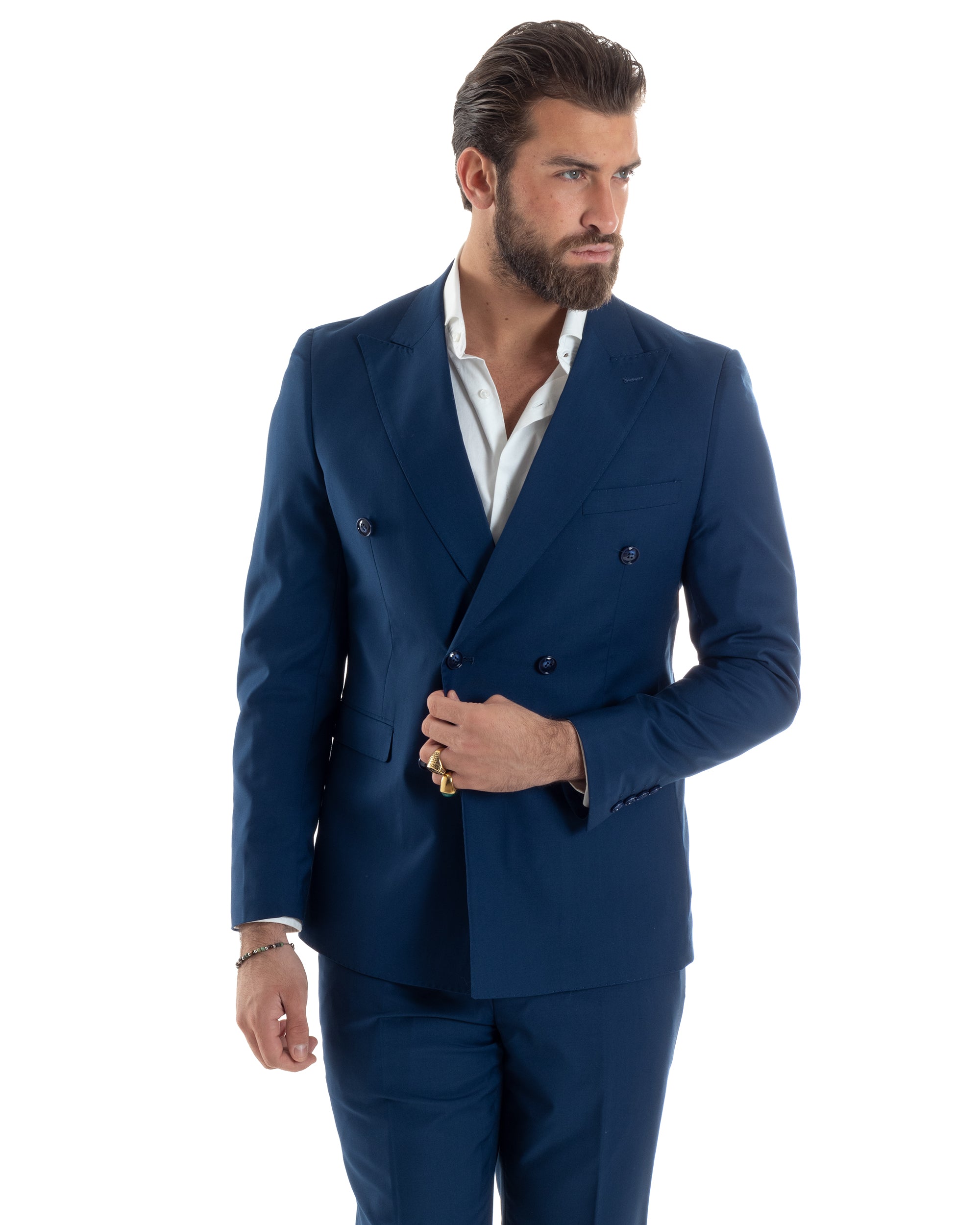 Abito Uomo Doppiopetto Vestito Viscosa Completo Giacca Pantaloni Elegante Sartoriale Casual Tinta Unita Blu Chiaro GIOSAL-AE1115A