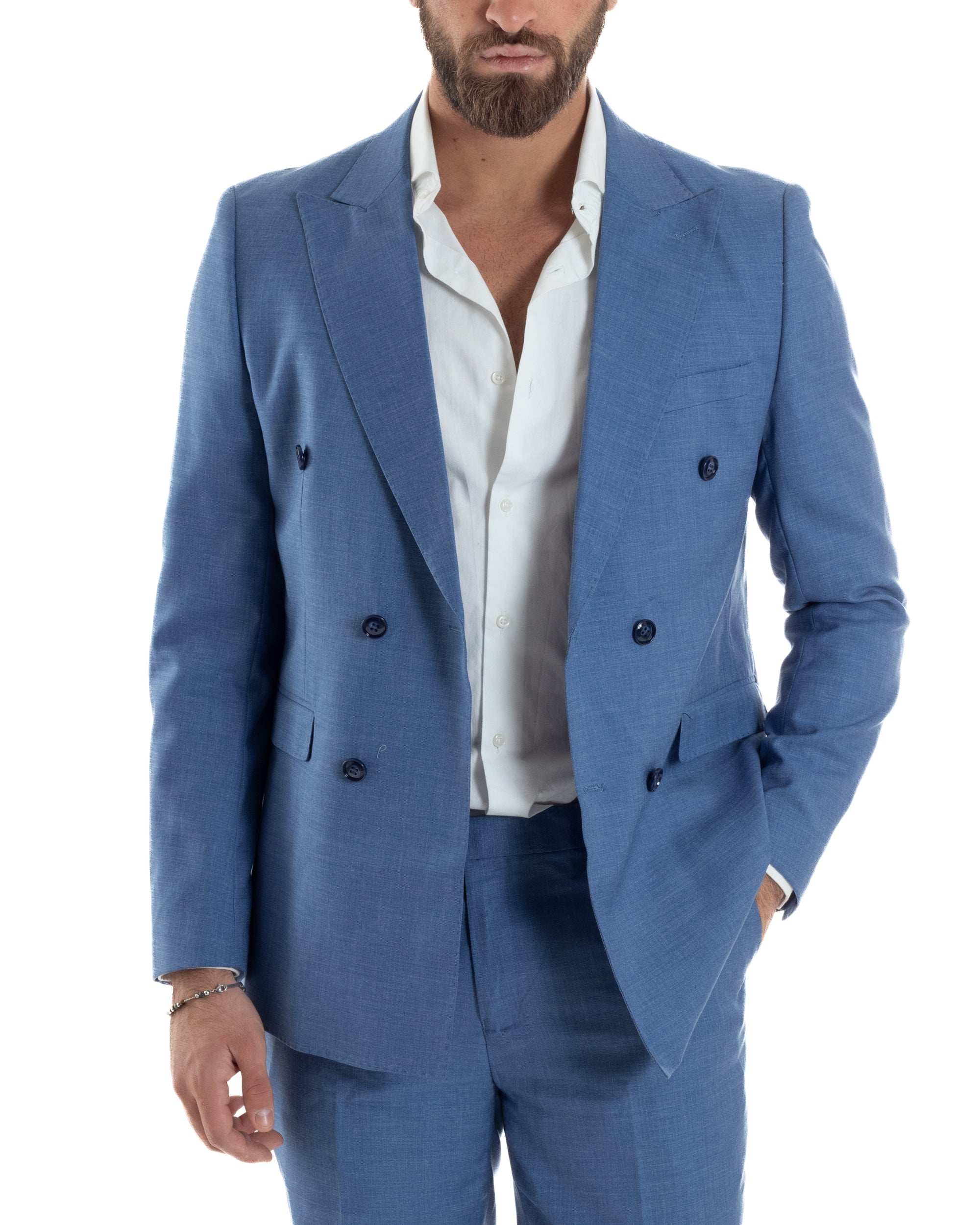 Abito Uomo Doppiopetto Vestito Viscosa Completo Giacca Pantaloni Elegante Cerimonia Blu Chiaro Melangiato GIOSAL-AE1116A