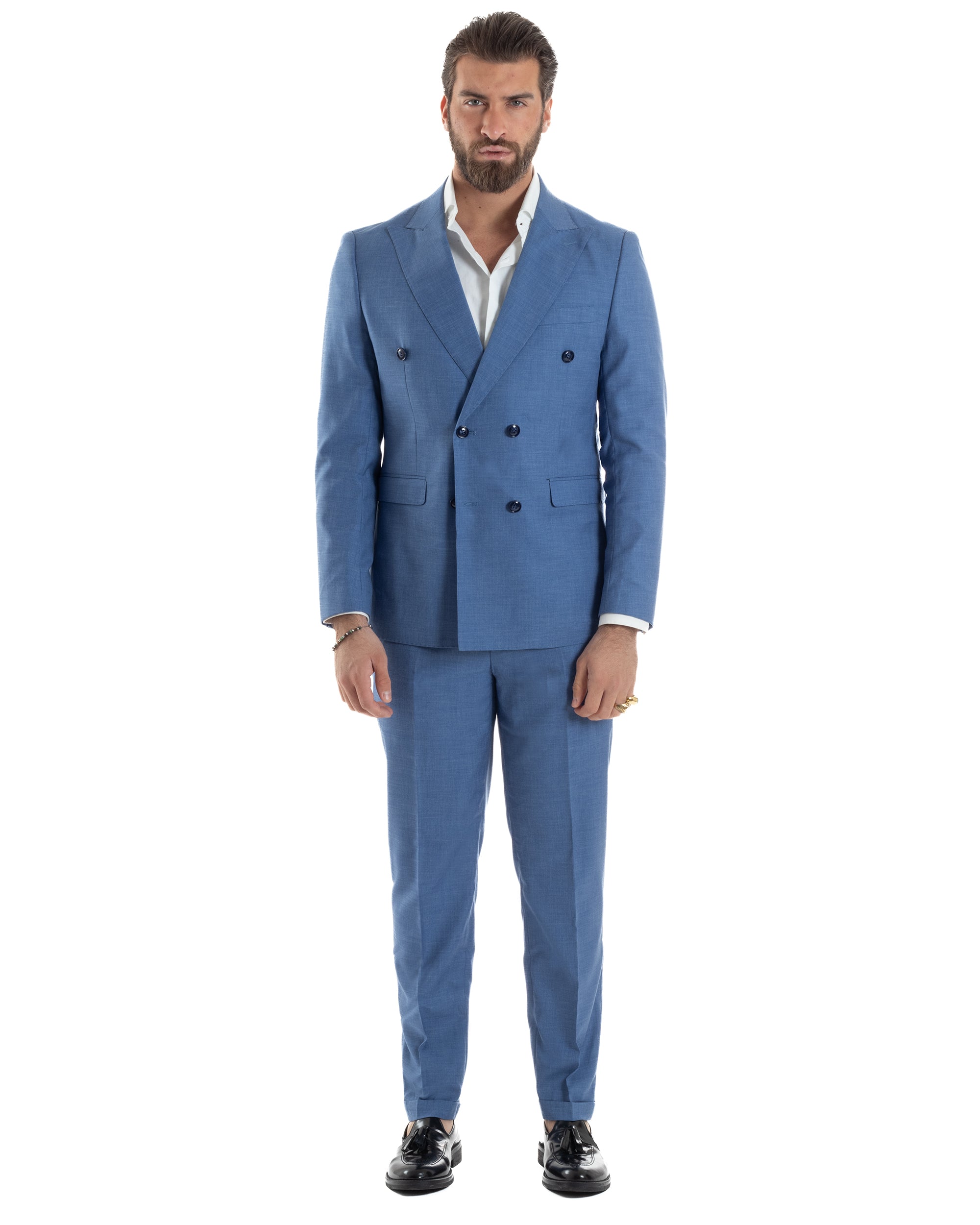 Abito Uomo Doppiopetto Vestito Viscosa Completo Giacca Pantaloni Elegante Cerimonia Blu Chiaro Melangiato GIOSAL-AE1116A
