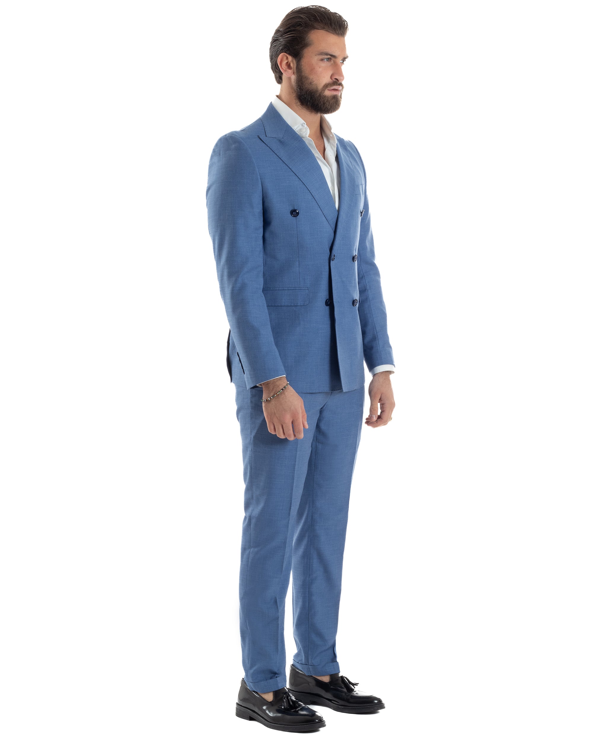 Abito uomo doppiopetto completo viscosa giacca pantaloni elegante blu chiaro melangiato GIOSAL-AE1116A