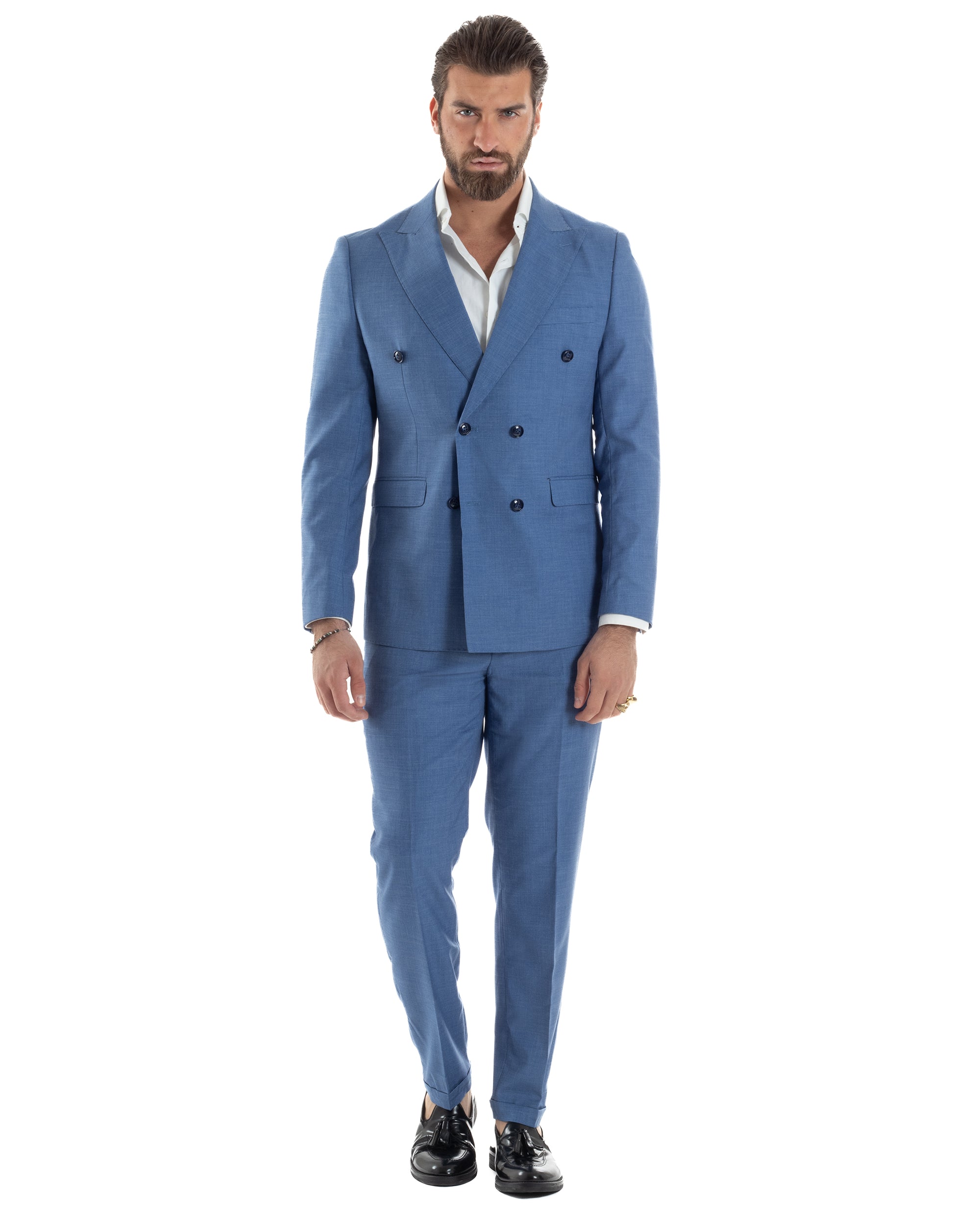 Abito Uomo Doppiopetto Vestito Viscosa Completo Giacca Pantaloni Elegante Cerimonia Blu Chiaro Melangiato GIOSAL-AE1116A