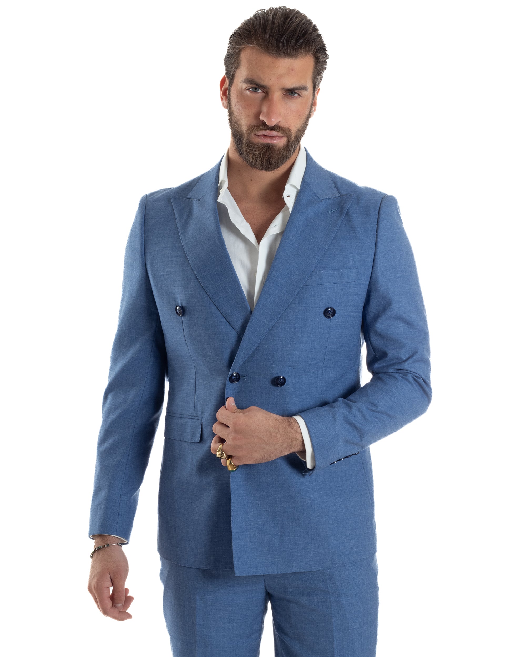 Abito uomo doppiopetto completo viscosa giacca pantaloni elegante blu chiaro melangiato GIOSAL-AE1116A