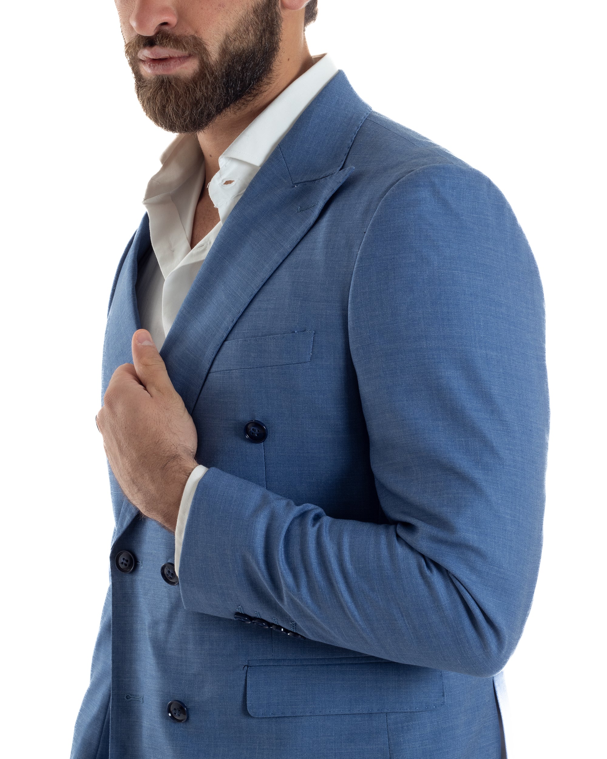 Abito Uomo Doppiopetto Vestito Viscosa Completo Giacca Pantaloni Elegante Cerimonia Blu Chiaro Melangiato GIOSAL-AE1116A