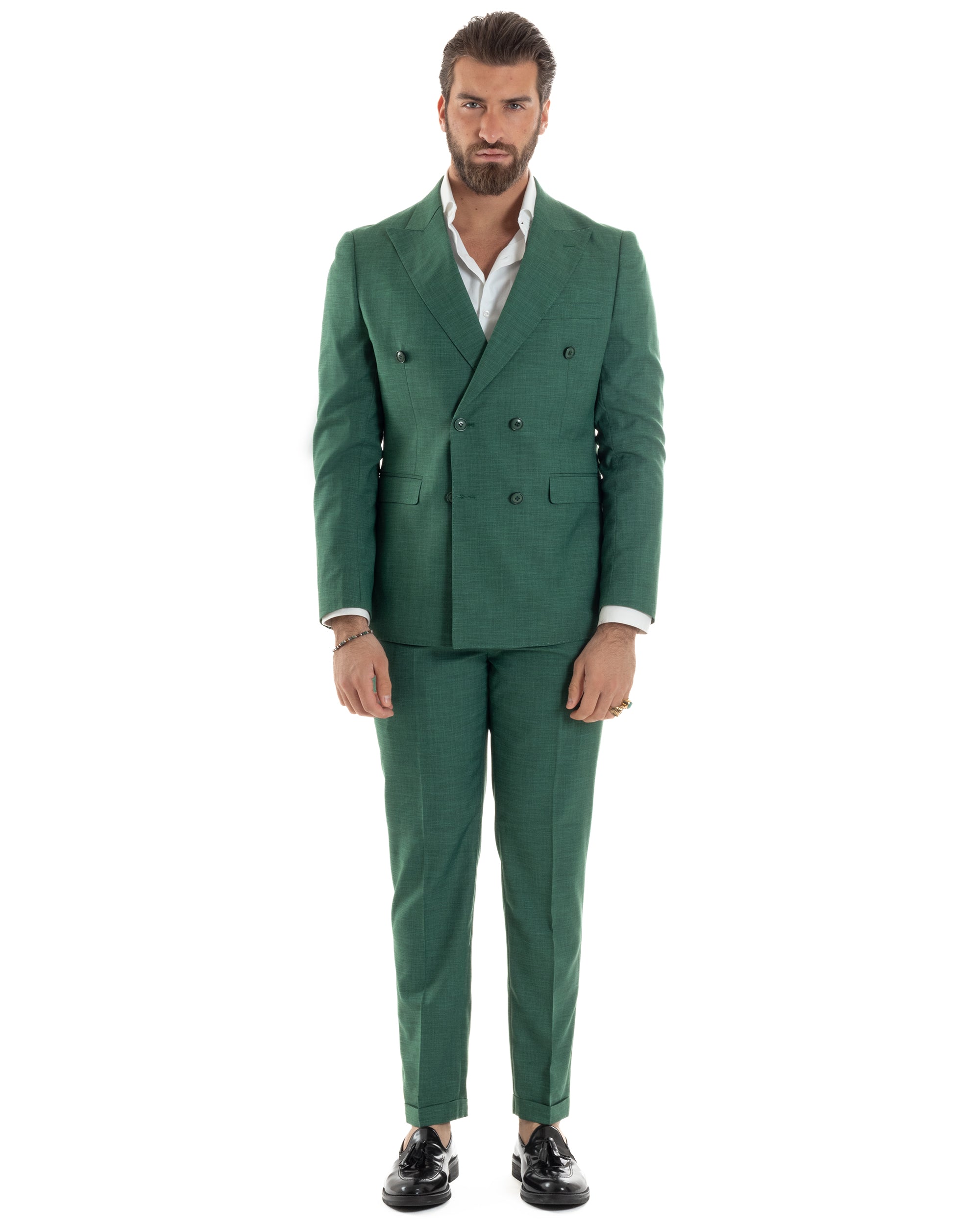 Abito Uomo Doppiopetto Vestito Viscosa Completo Giacca Pantaloni Elegante Cerimonia Verde Melangiato GIOSAL-AE1117A