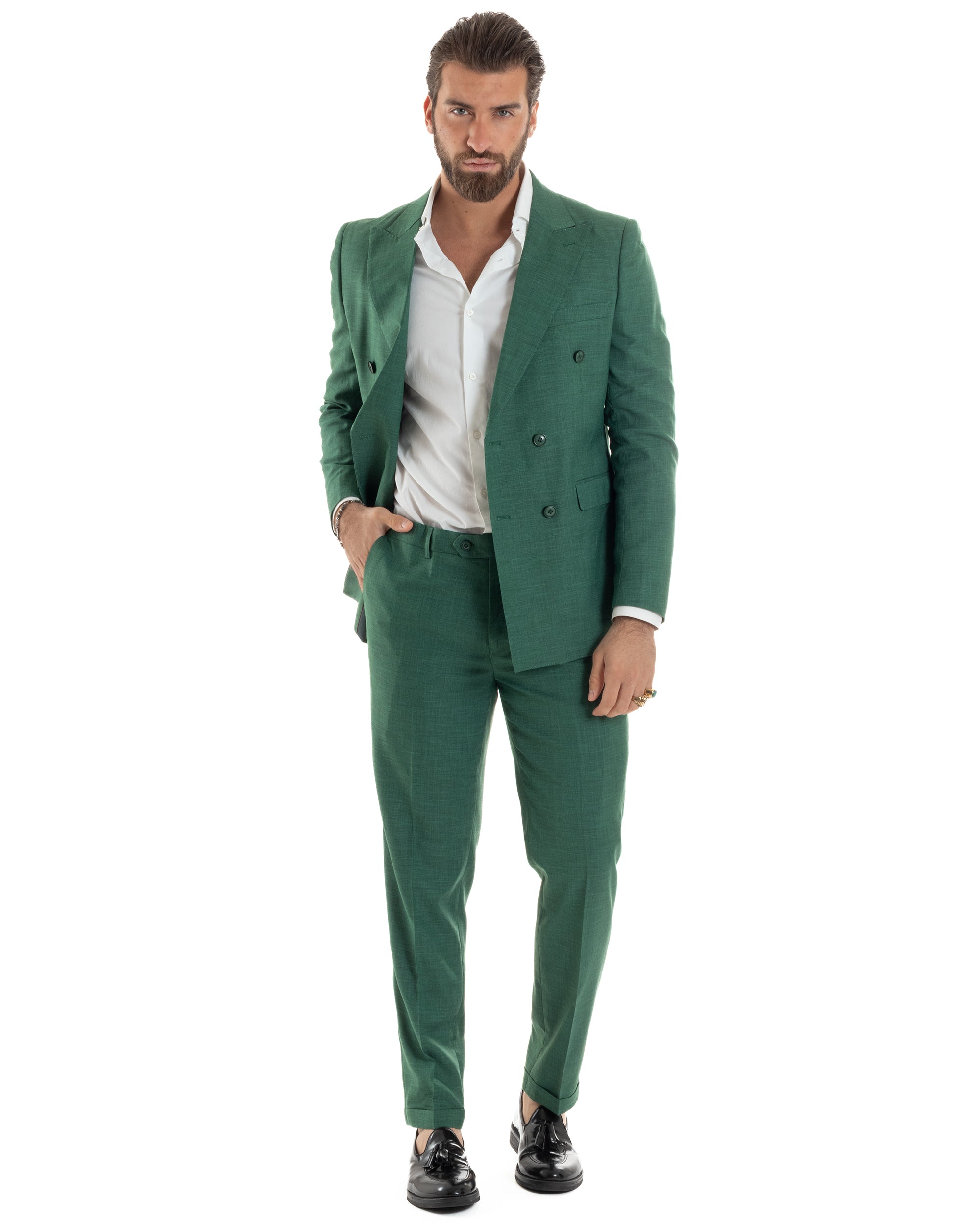 Abito Uomo Doppiopetto Vestito Viscosa Completo Giacca Pantaloni Elegante Cerimonia Verde Melangiato GIOSAL-AE1117A