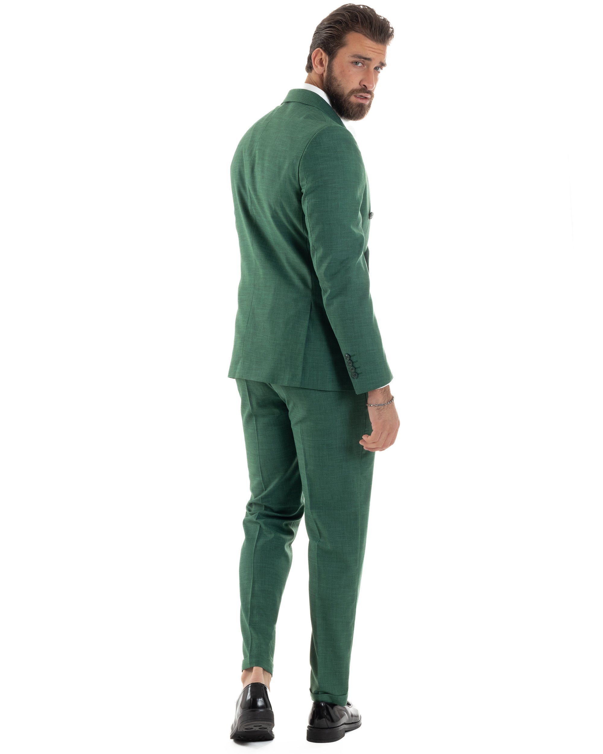 Abito Uomo Doppiopetto Vestito Viscosa Completo Giacca Pantaloni Elegante Cerimonia Verde Melangiato GIOSAL-AE1117A