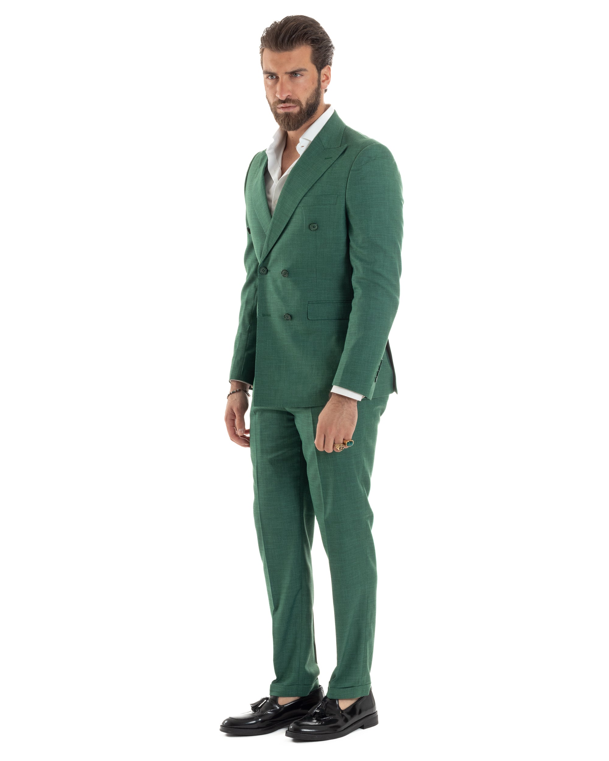 Abito Uomo Doppiopetto Vestito Viscosa Completo Giacca Pantaloni Elegante Cerimonia Verde Melangiato GIOSAL-AE1117A