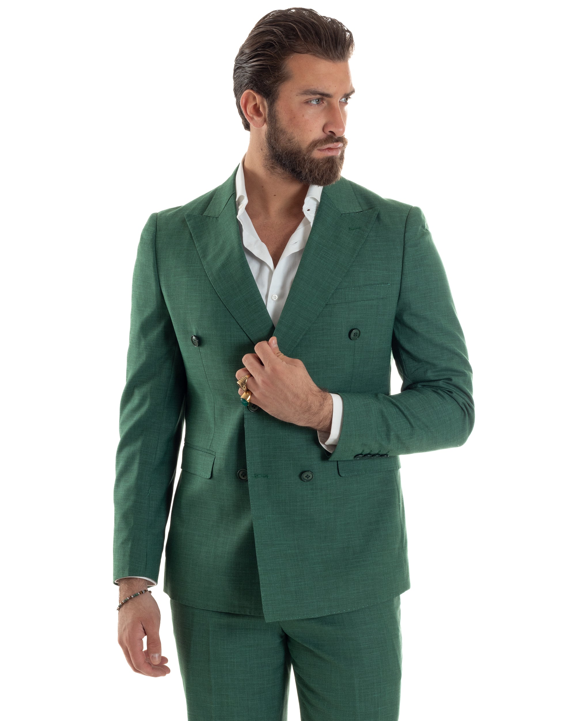 Abito Uomo Doppiopetto Vestito Viscosa Completo Giacca Pantaloni Elegante Cerimonia Verde Melangiato GIOSAL-AE1117A