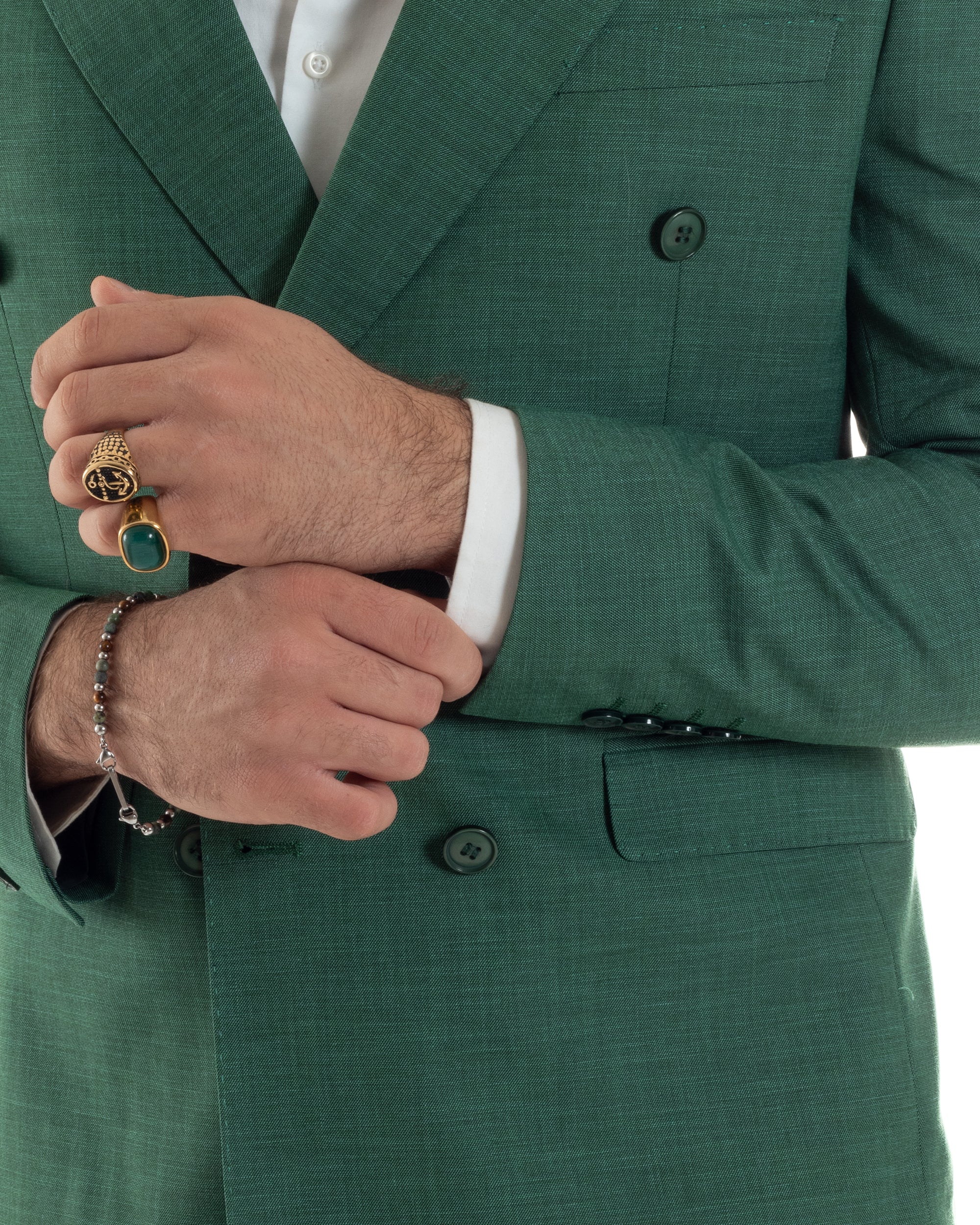 Abito Uomo Doppiopetto Vestito Viscosa Completo Giacca Pantaloni Verde Melangiato AE1117A