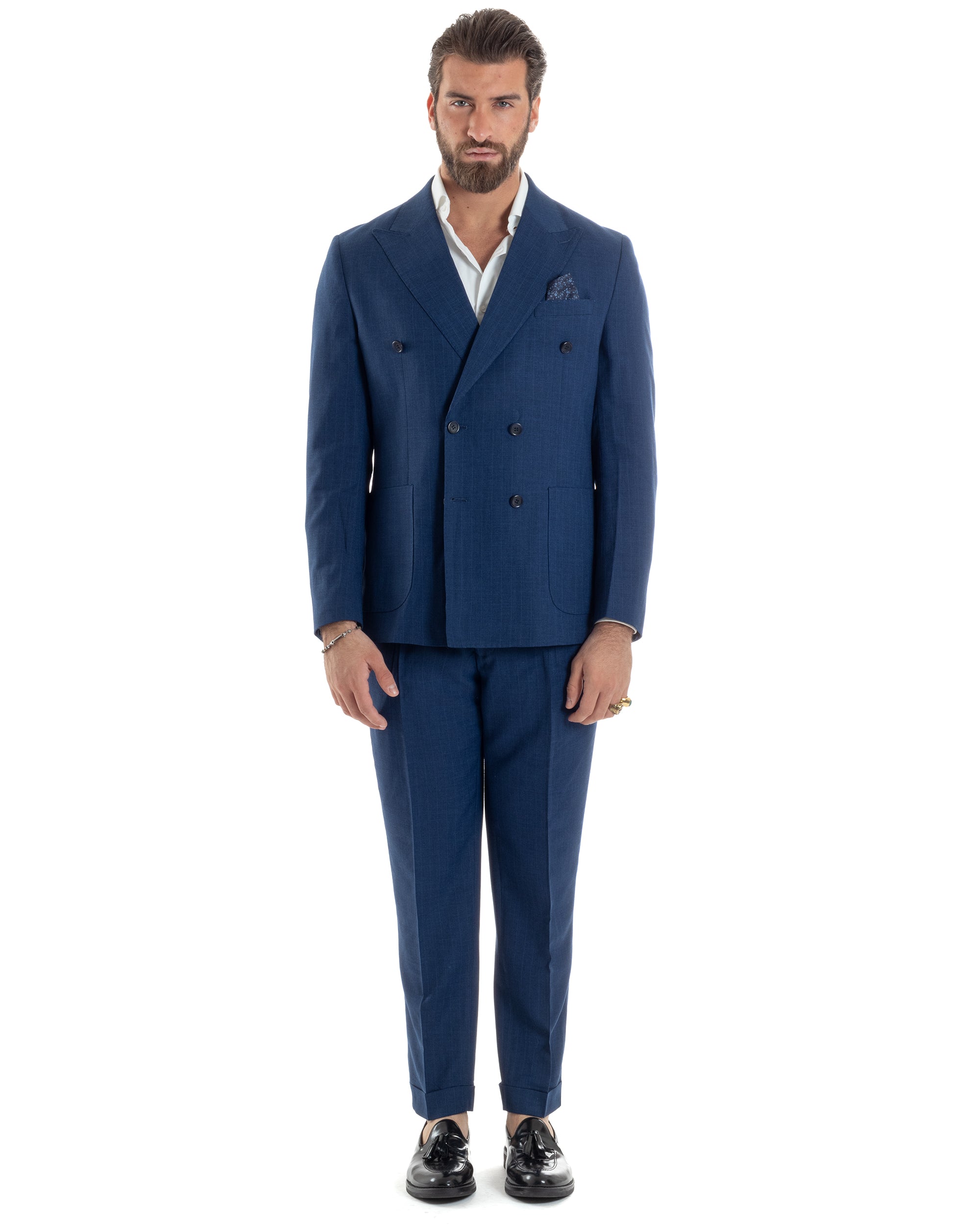 Abito Uomo Doppiopetto Vestito Completo Viscosa Giacca Pantaloni Blu Gessato Elegante Casual GIOSAL-AE1118A