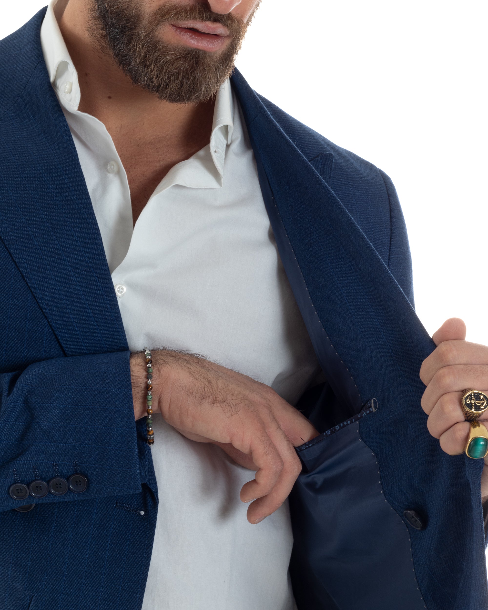 Abito Uomo Doppiopetto Vestito Completo Viscosa Giacca Pantaloni Blu Gessato Elegante Casual GIOSAL-AE1118A