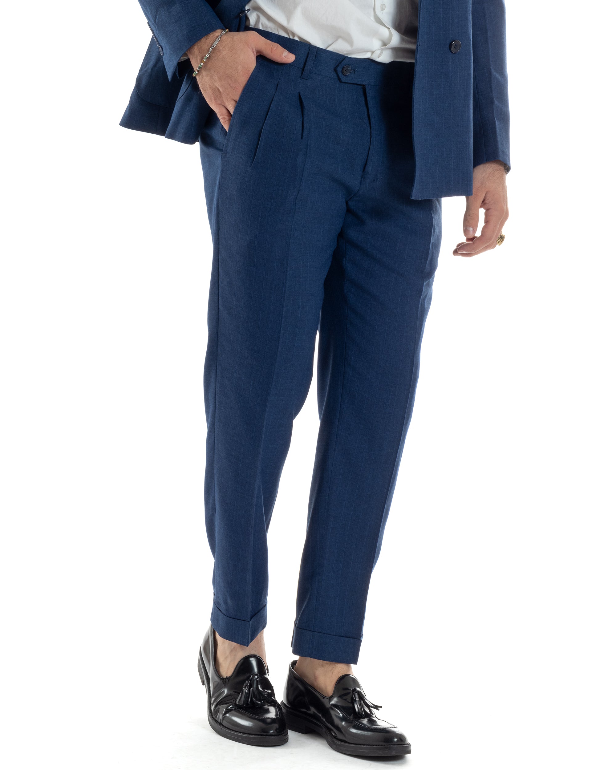 Abito Uomo Doppiopetto Vestito Completo Viscosa Giacca Pantaloni Blu Gessato Elegante Casual GIOSAL-AE1118A