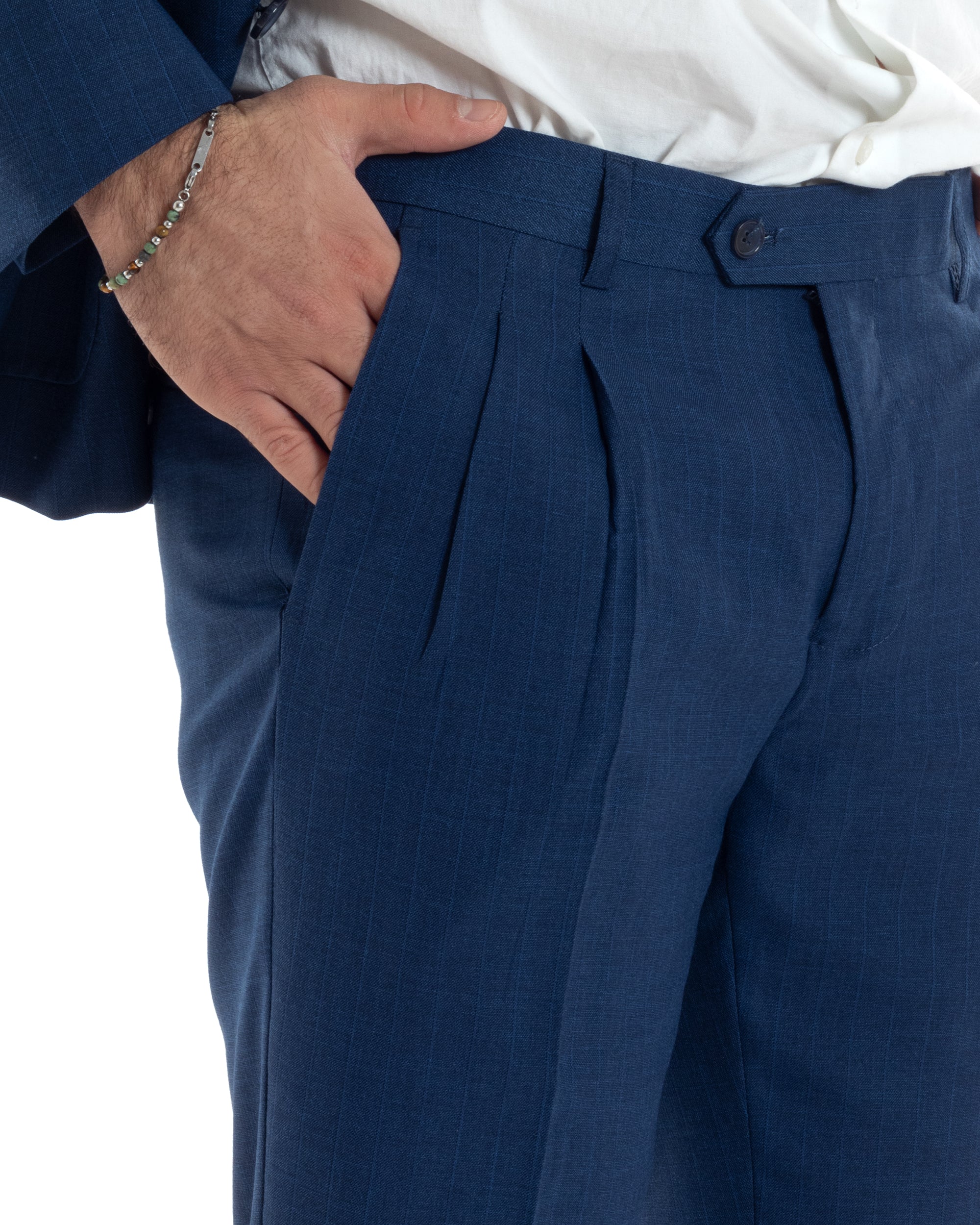 Abito Uomo Doppiopetto Vestito Completo Viscosa Giacca Pantaloni Blu Gessato Elegante Casual GIOSAL-AE1118A