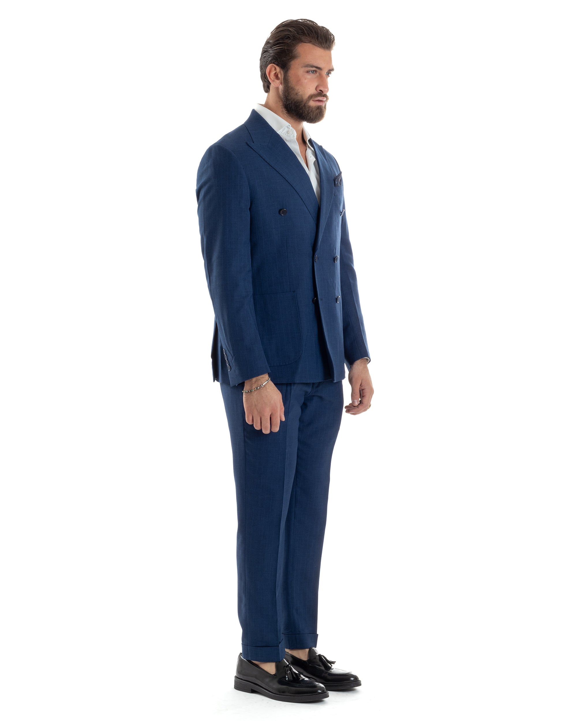 Abito Uomo Doppiopetto Vestito Completo Viscosa Giacca Pantaloni Blu Gessato Elegante Casual GIOSAL-AE1118A