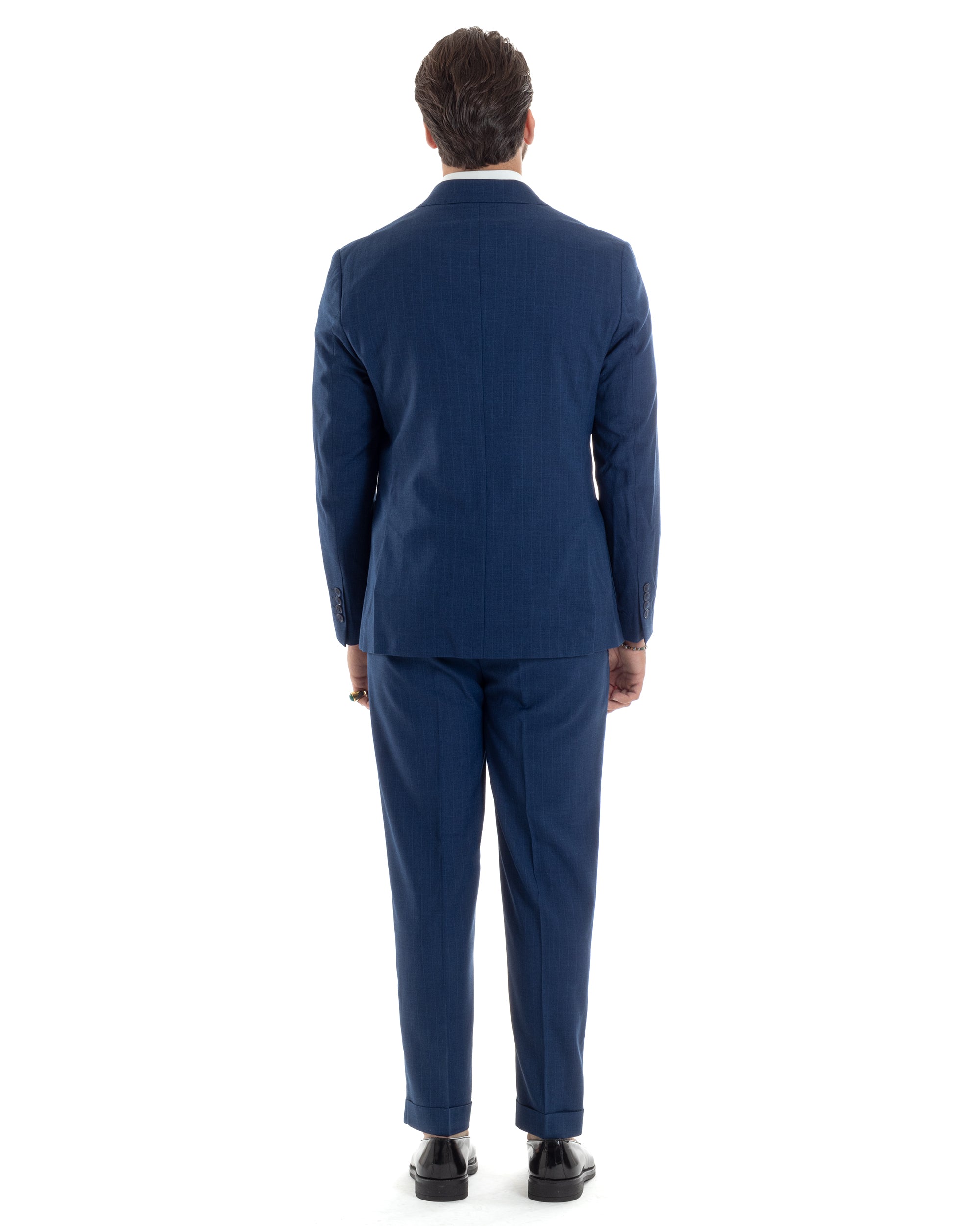 Abito Uomo Doppiopetto Vestito Completo Viscosa Giacca Pantaloni Blu Gessato Elegante Casual GIOSAL-AE1118A