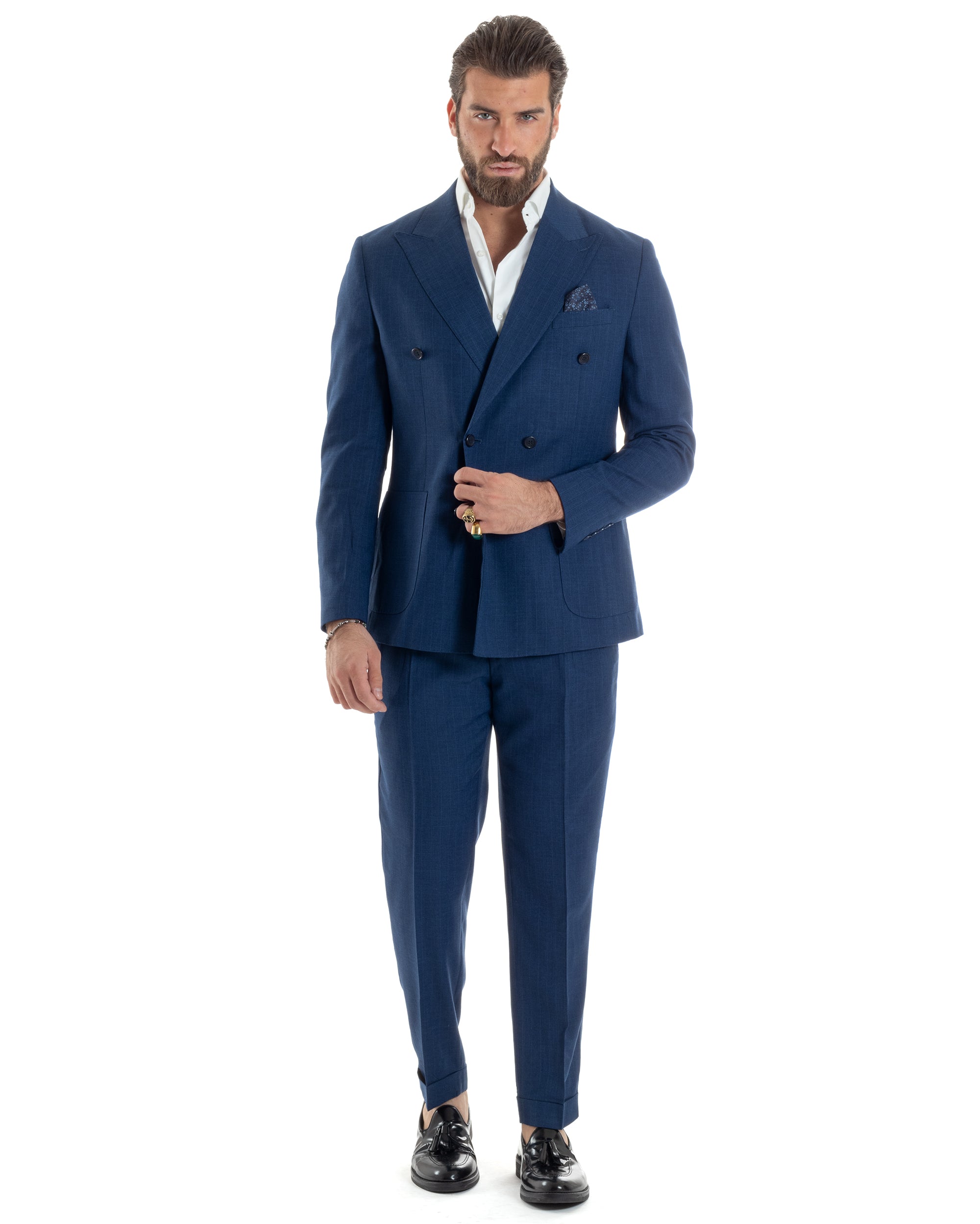 Abito Uomo Doppiopetto Vestito Completo Viscosa Giacca Pantaloni Blu G