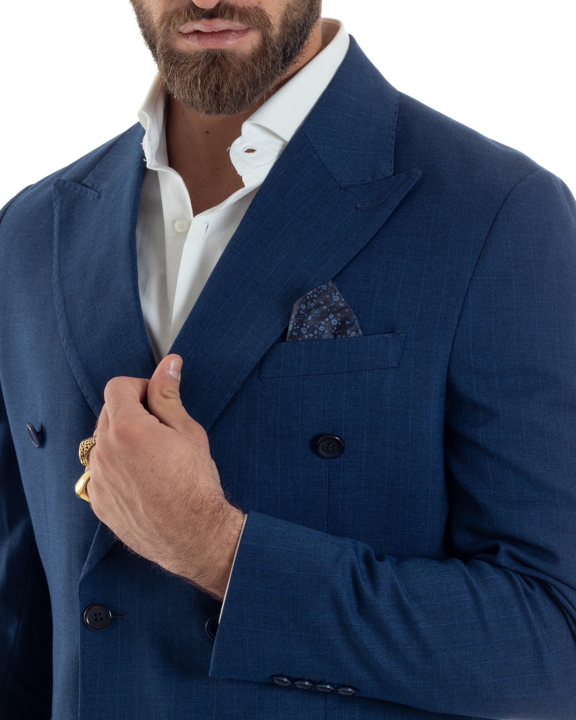 Abito Uomo Doppiopetto Vestito Completo Viscosa Giacca Pantaloni Blu Gessato Elegante Casual GIOSAL-AE1118A
