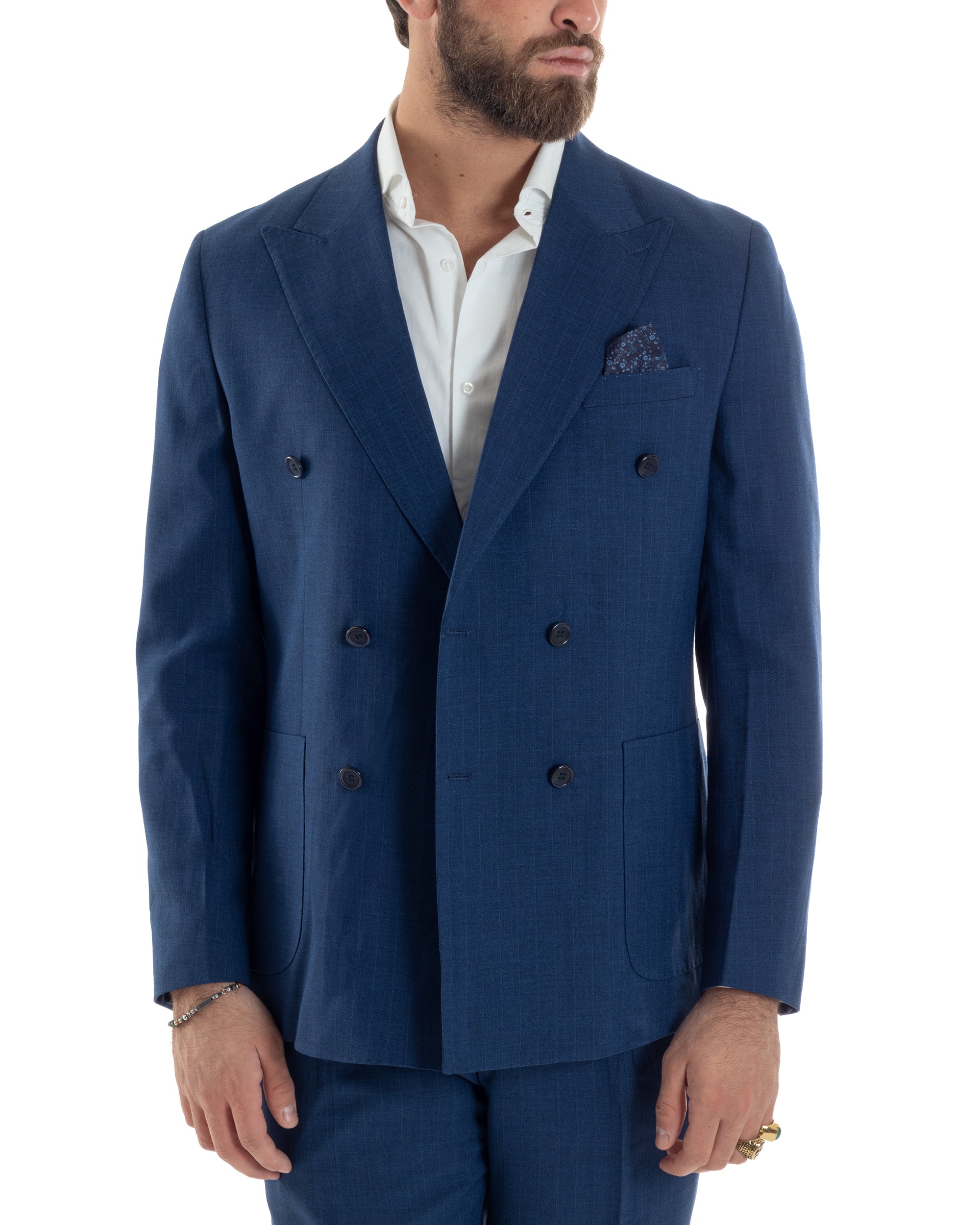 Abito Uomo Doppiopetto Vestito Completo Viscosa Giacca Pantaloni Blu Gessato Elegante Casual GIOSAL-AE1118A