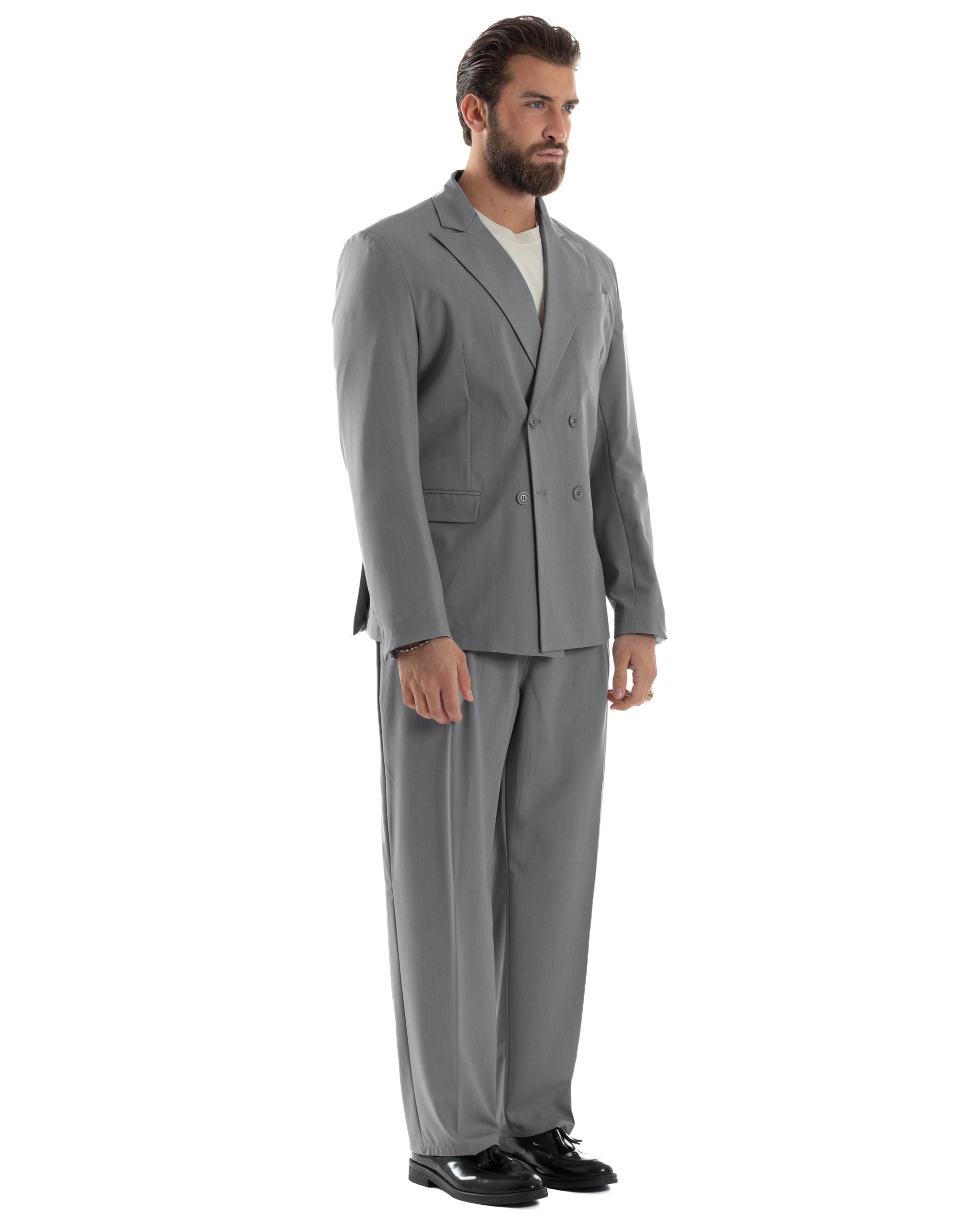 Herren-Anzugjacke aus Viskose, zweireihig, locker geschnitten, mit spitzem Revers, weitem Bein und Bundfaltenhose, lässig-locker, grau, GIOSAL-AE1119A