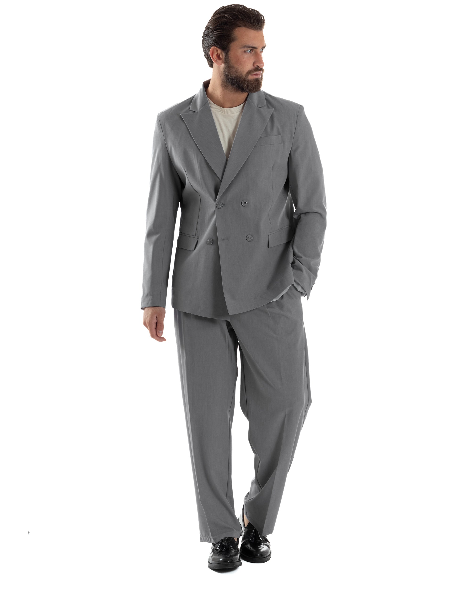 Herren-Anzugjacke aus Viskose, zweireihig, locker geschnitten, mit spitzem Revers, weitem Bein und Bundfaltenhose, lässig-locker, grau, GIOSAL-AE1119A