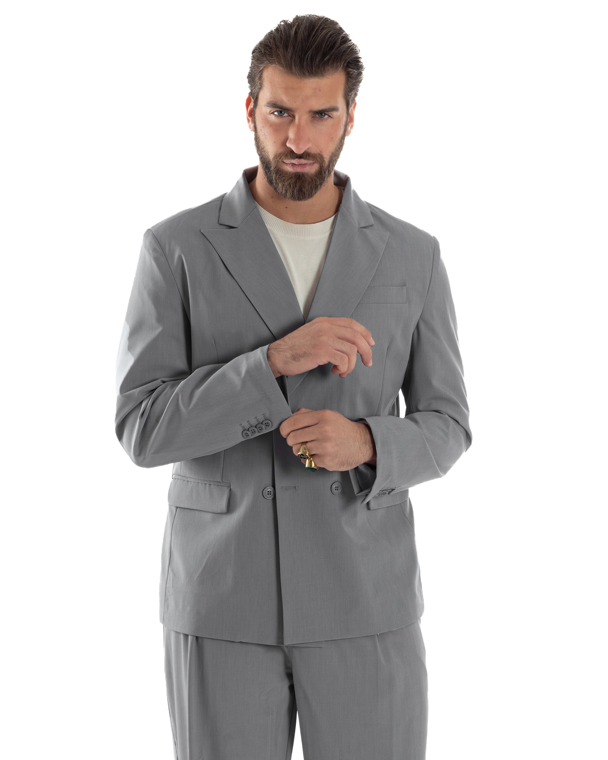 Herren-Anzugjacke aus Viskose, zweireihig, locker geschnitten, mit spitzem Revers, weitem Bein und Bundfaltenhose, lässig-locker, grau, GIOSAL-AE1119A