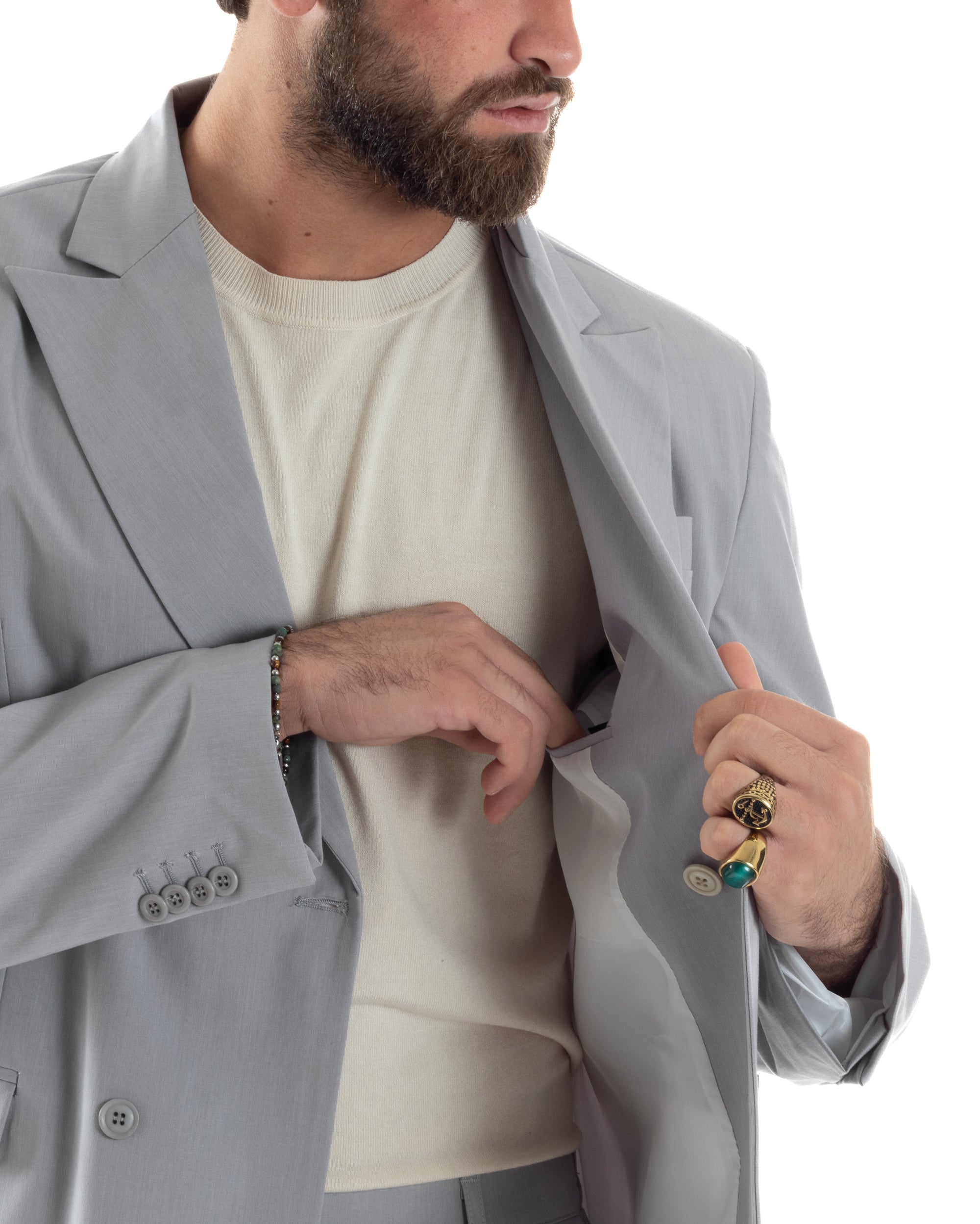 Abito Uomo Doppiopetto Viscosa Relaxed Fit Completo Giacca Rever A Lancia Pantaloni Pinces Fondo Largo Baggy Casual Grigio GIOSAL-AE1119A