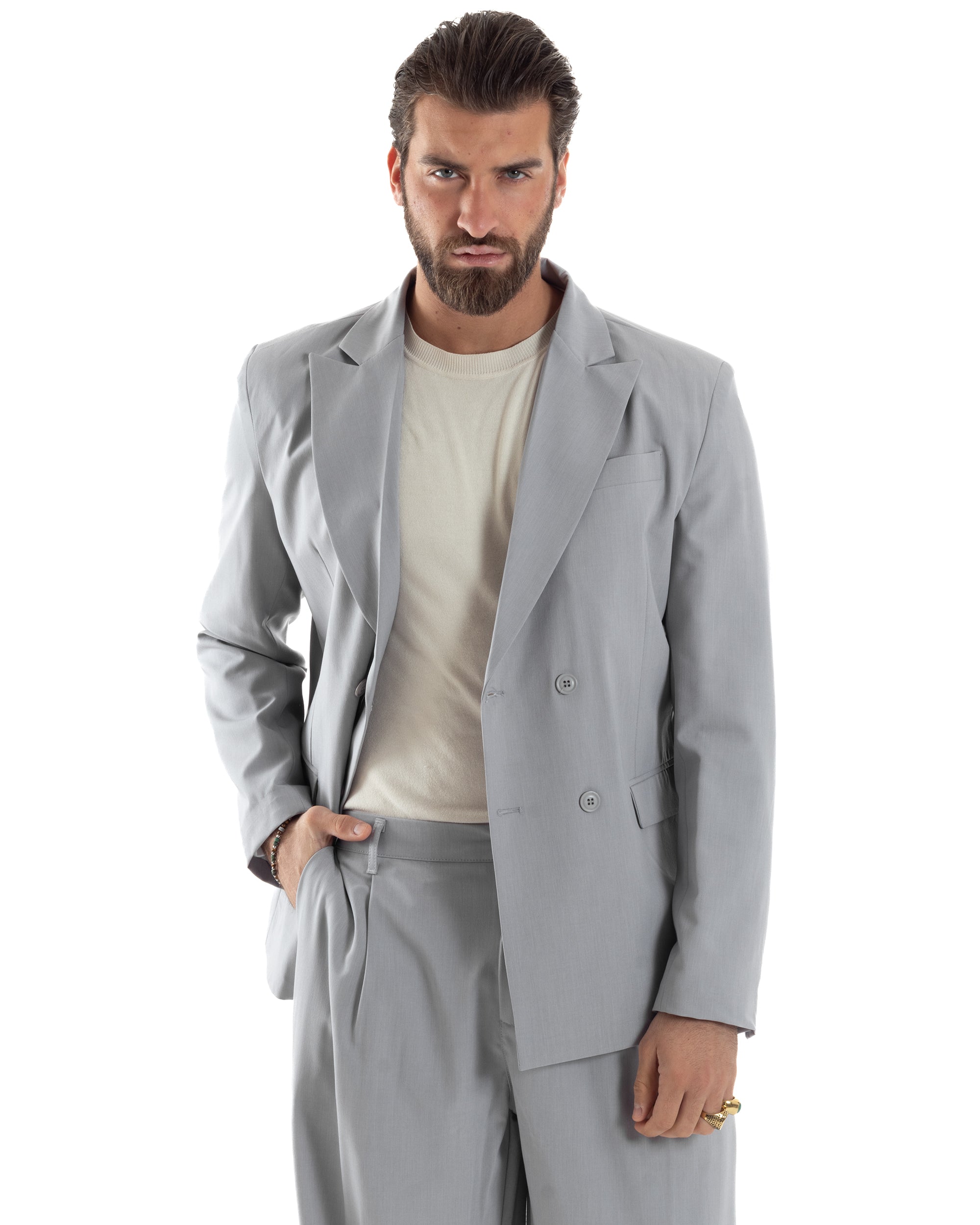 Abito Uomo Doppiopetto Viscosa Relaxed Fit Completo Giacca Rever A Lancia Pantaloni Pinces Fondo Largo Baggy Casual Grigio GIOSAL-AE1119A