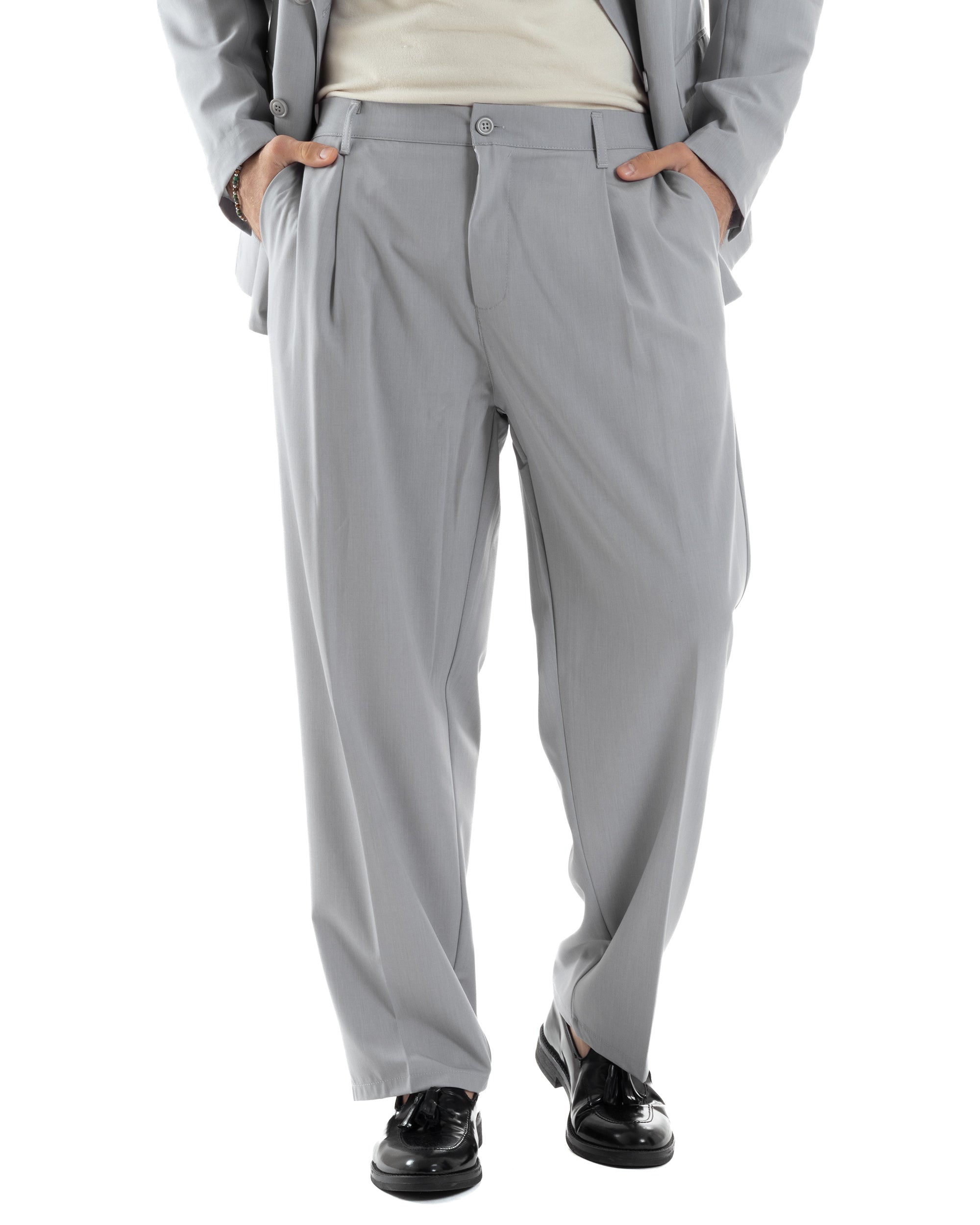 Abito Uomo Doppiopetto Viscosa Relaxed Fit Completo Giacca Rever A Lancia Pantaloni Pinces Fondo Largo Baggy Casual Grigio GIOSAL-AE1119A