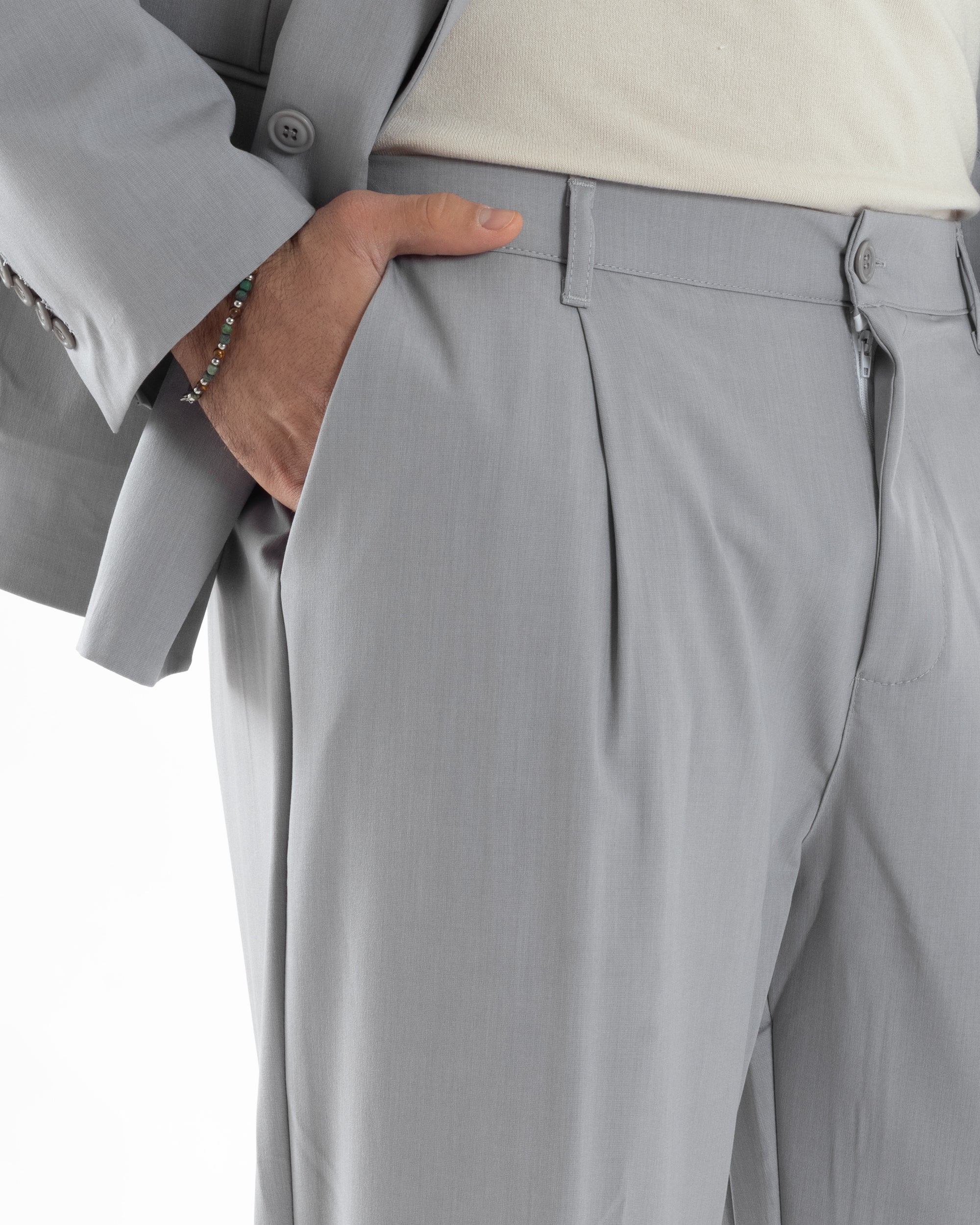 Abito Uomo Doppiopetto Viscosa Relaxed Fit Completo Giacca Rever A Lancia Pantaloni Pinces Fondo Largo Baggy Casual Grigio GIOSAL-AE1119A