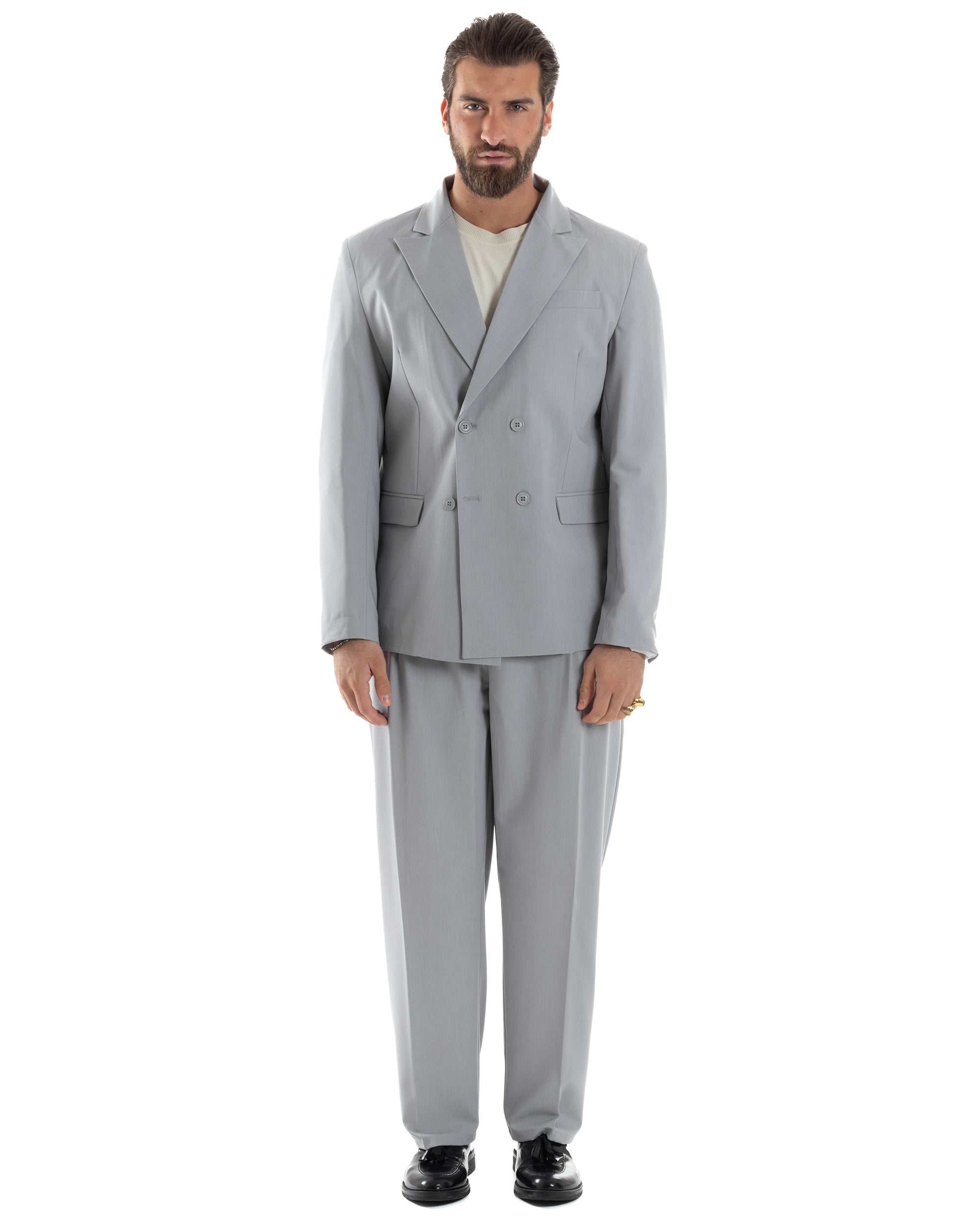 Abito Uomo Doppiopetto Viscosa Relaxed Fit Completo Giacca Rever A Lancia Pantaloni Pinces Fondo Largo Baggy Casual Grigio GIOSAL-AE1119A
