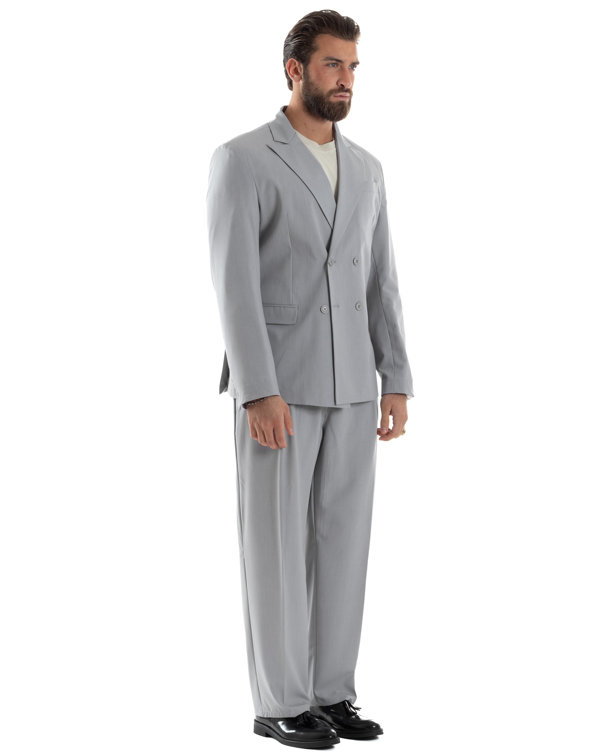 Abito Uomo Doppiopetto Viscosa Relaxed Fit Completo Giacca Rever A Lancia Pantaloni Pinces Fondo Largo Baggy Casual Grigio GIOSAL-AE1119A