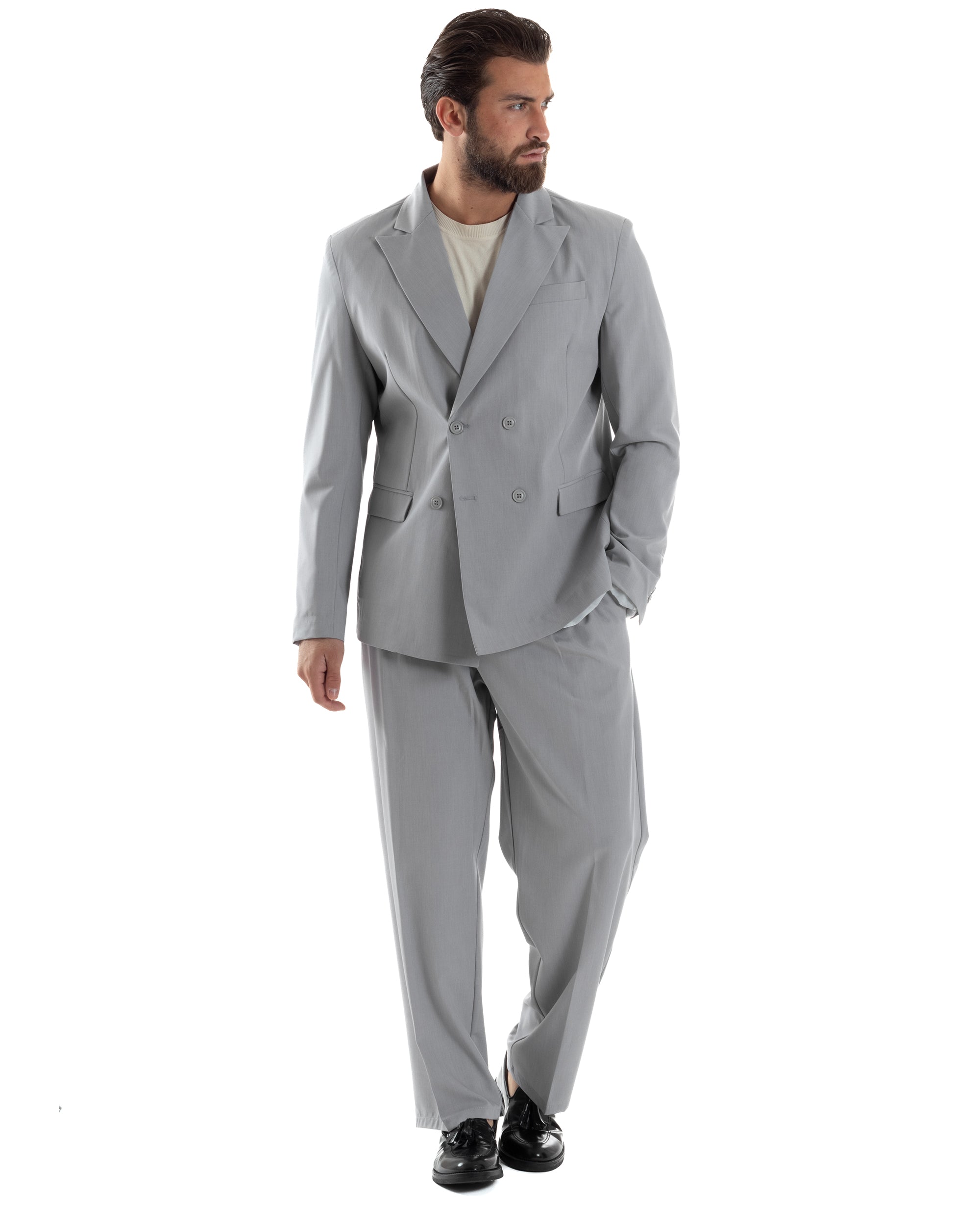 Abito Uomo Doppiopetto Viscosa Relaxed Fit Completo Giacca Rever A Lancia Pantaloni Pinces Fondo Largo Baggy Casual Grigio GIOSAL-AE1119A
