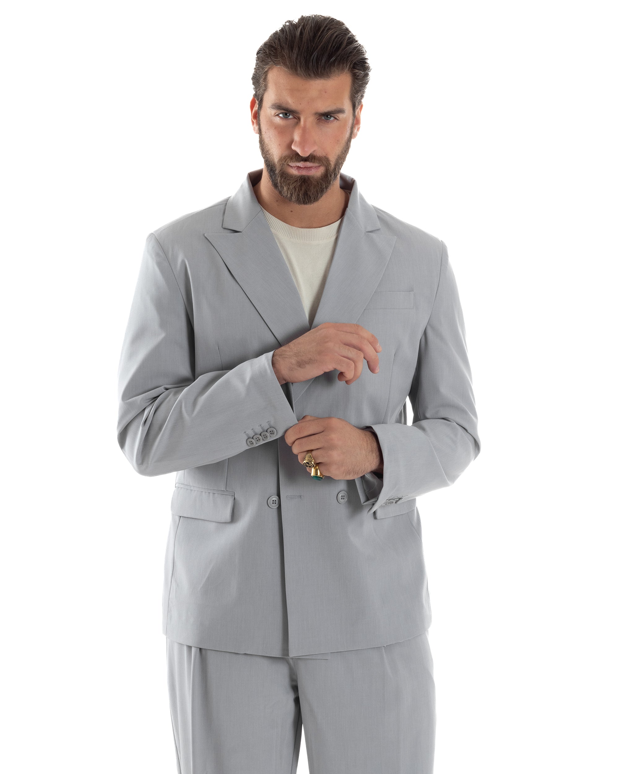 Abito Uomo Doppiopetto Viscosa Relaxed Fit Completo Giacca Rever A Lancia Pantaloni Pinces Fondo Largo Baggy Casual Grigio GIOSAL-AE1119A