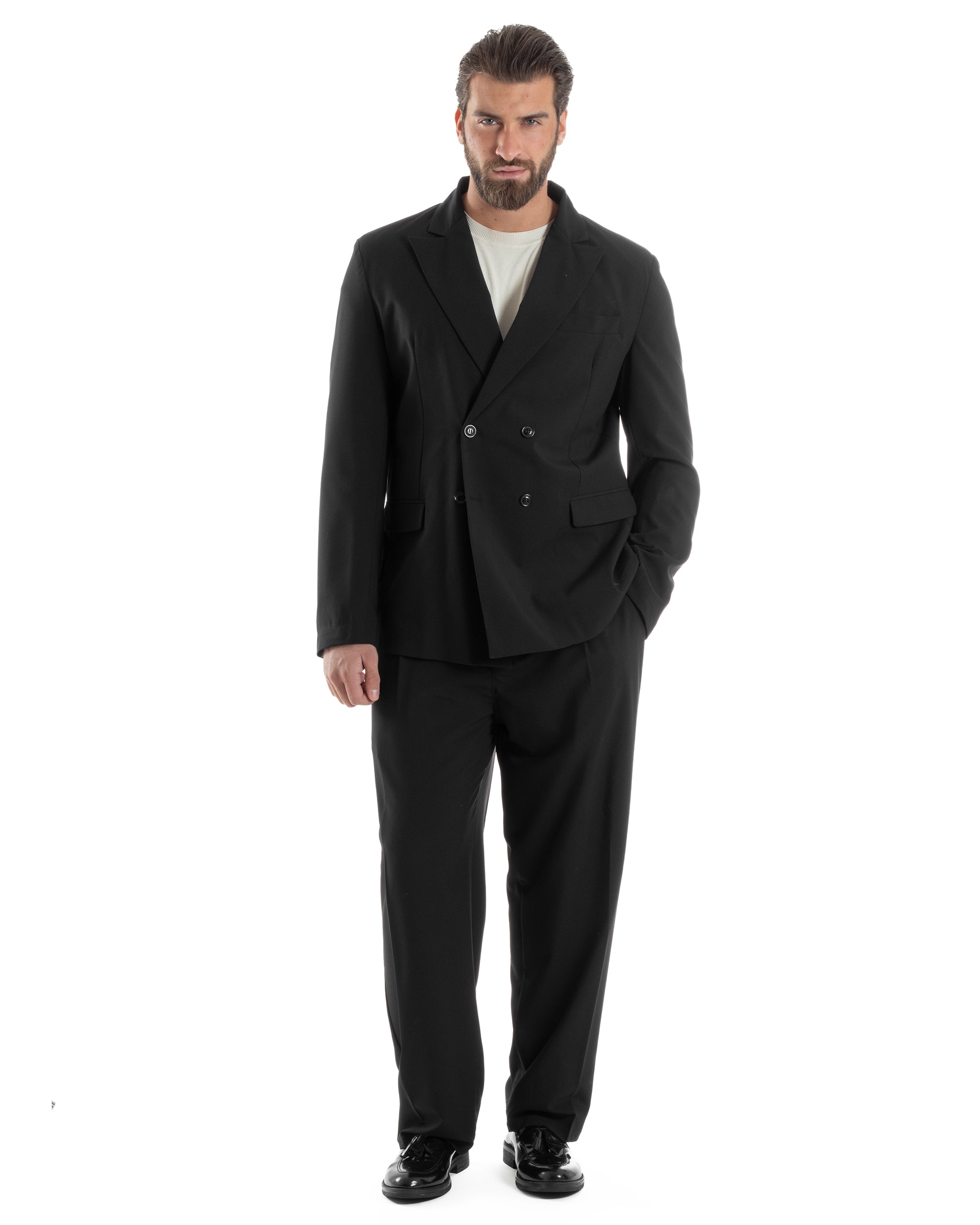 Herren-Anzugjacke aus Viskose, zweireihig, locker geschnitten, mit spitzem Revers, weitem Bein und Bundfaltenhose, lässig-locker, schwarz, GIOSAL-AE1120A