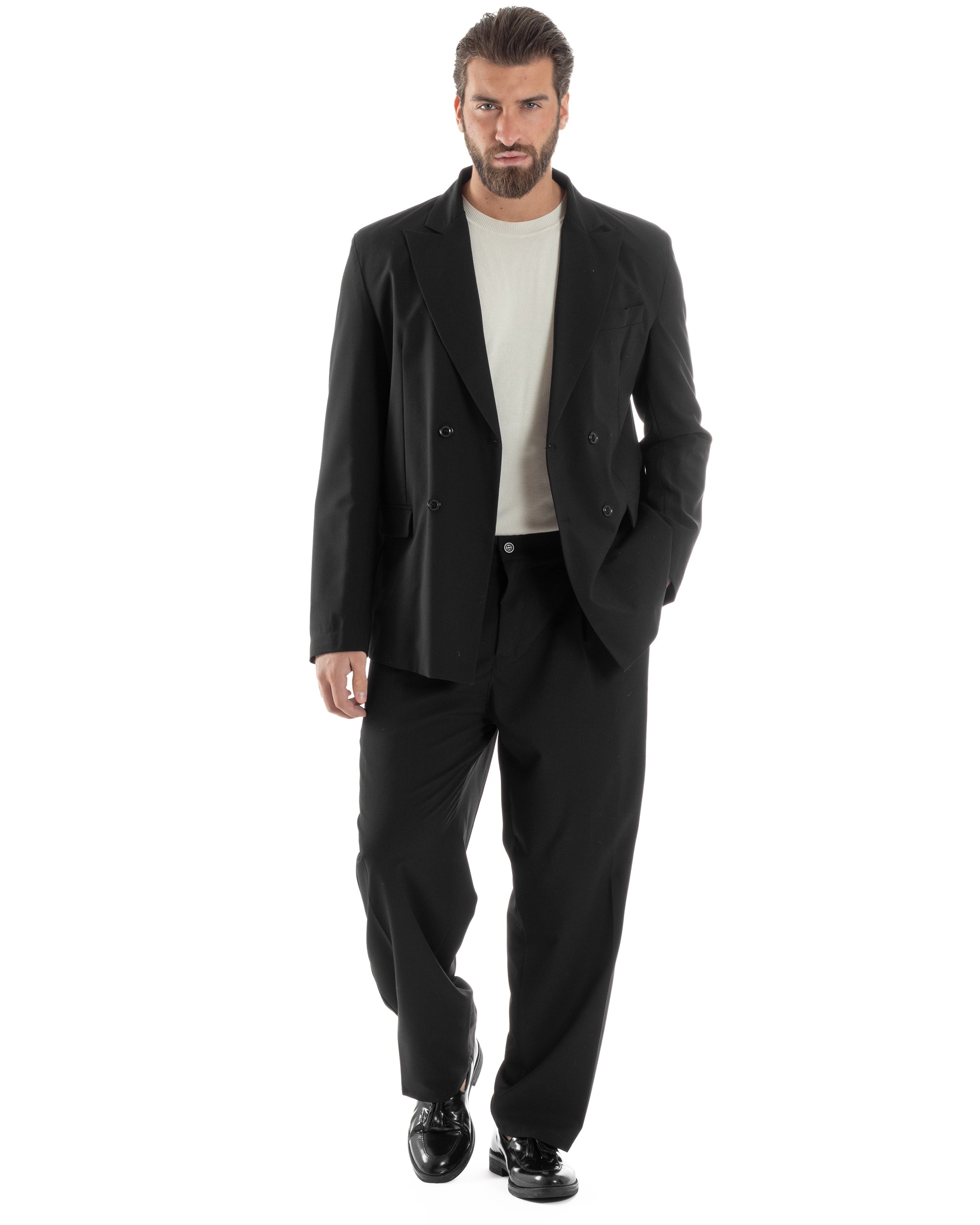 Herren-Anzugjacke aus Viskose, zweireihig, locker geschnitten, mit spitzem Revers, weitem Bein und Bundfaltenhose, lässig-locker, schwarz, GIOSAL-AE1120A