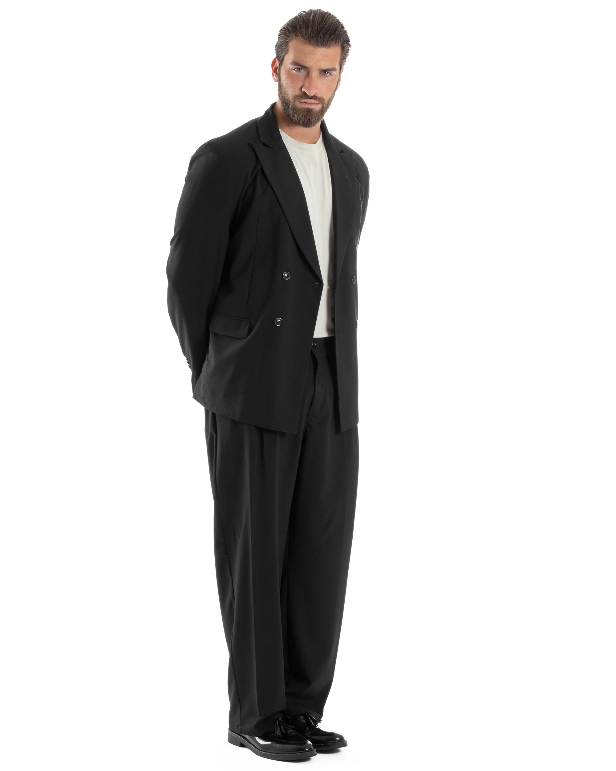 Herren-Anzugjacke aus Viskose, zweireihig, locker geschnitten, mit spitzem Revers, weitem Bein und Bundfaltenhose, lässig-locker, schwarz, GIOSAL-AE1120A