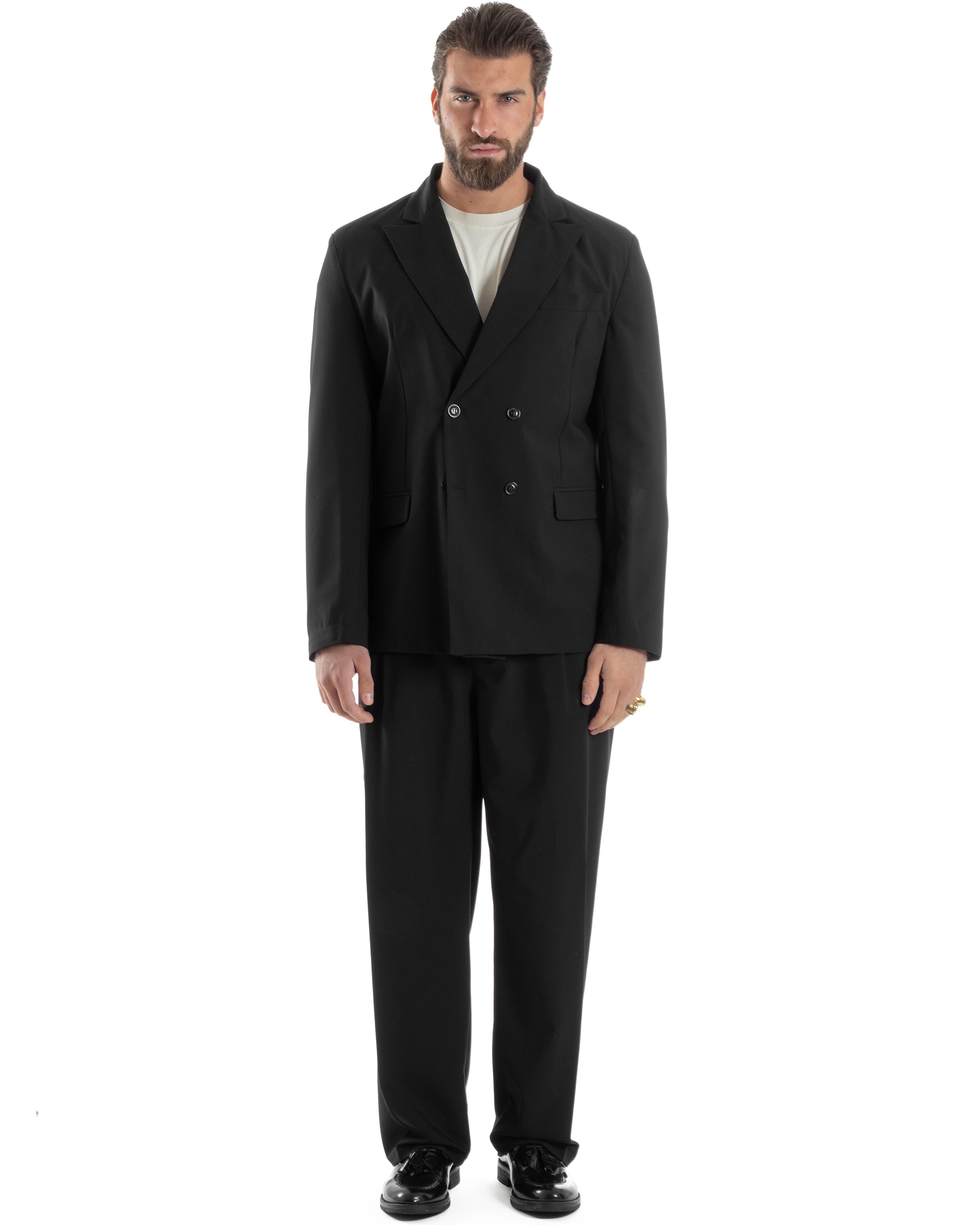 Herren-Anzugjacke aus Viskose, zweireihig, locker geschnitten, mit spitzem Revers, weitem Bein und Bundfaltenhose, lässig-locker, schwarz, GIOSAL-AE1120A