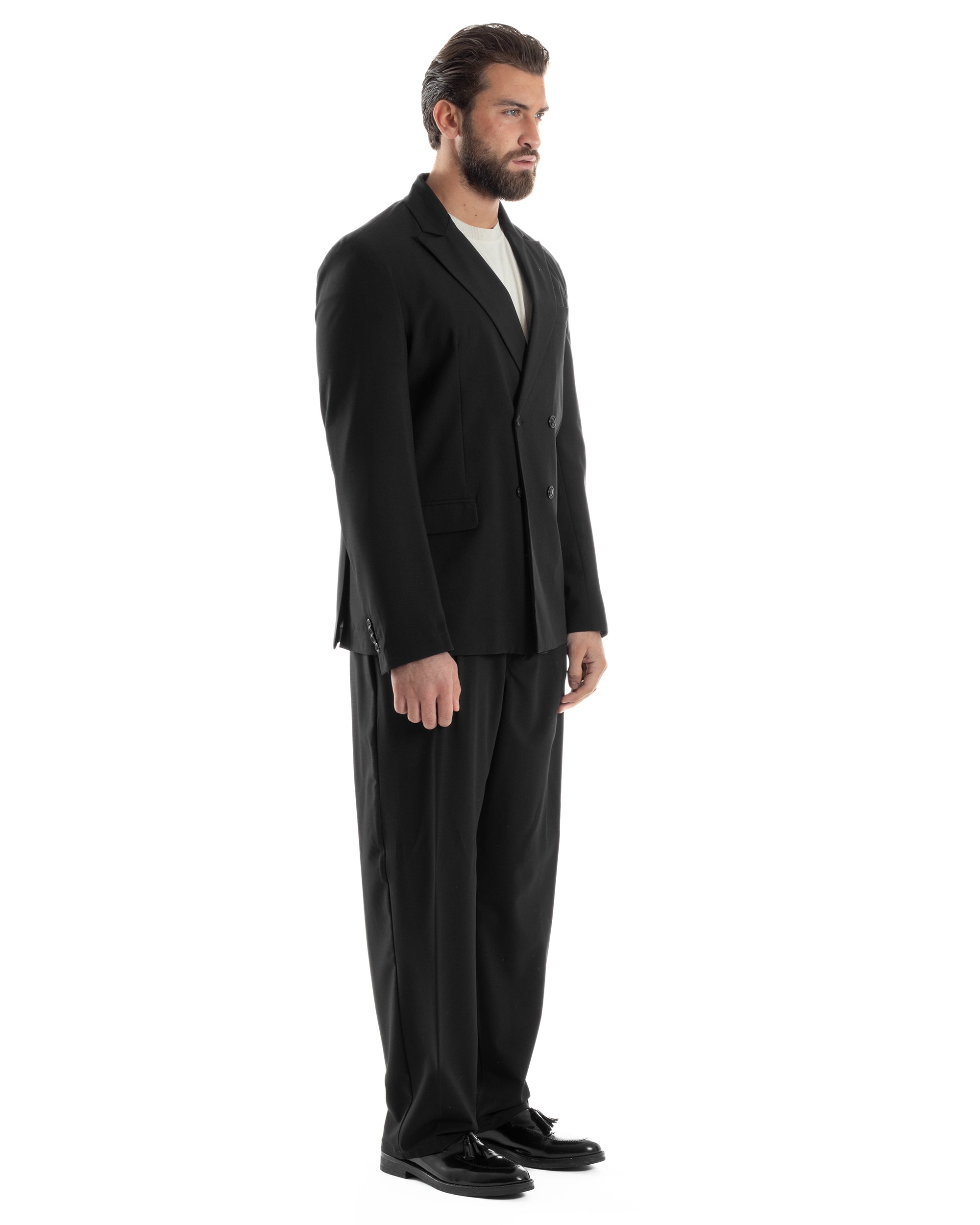 Herren-Anzugjacke aus Viskose, zweireihig, locker geschnitten, mit spitzem Revers, weitem Bein und Bundfaltenhose, lässig-locker, schwarz, GIOSAL-AE1120A