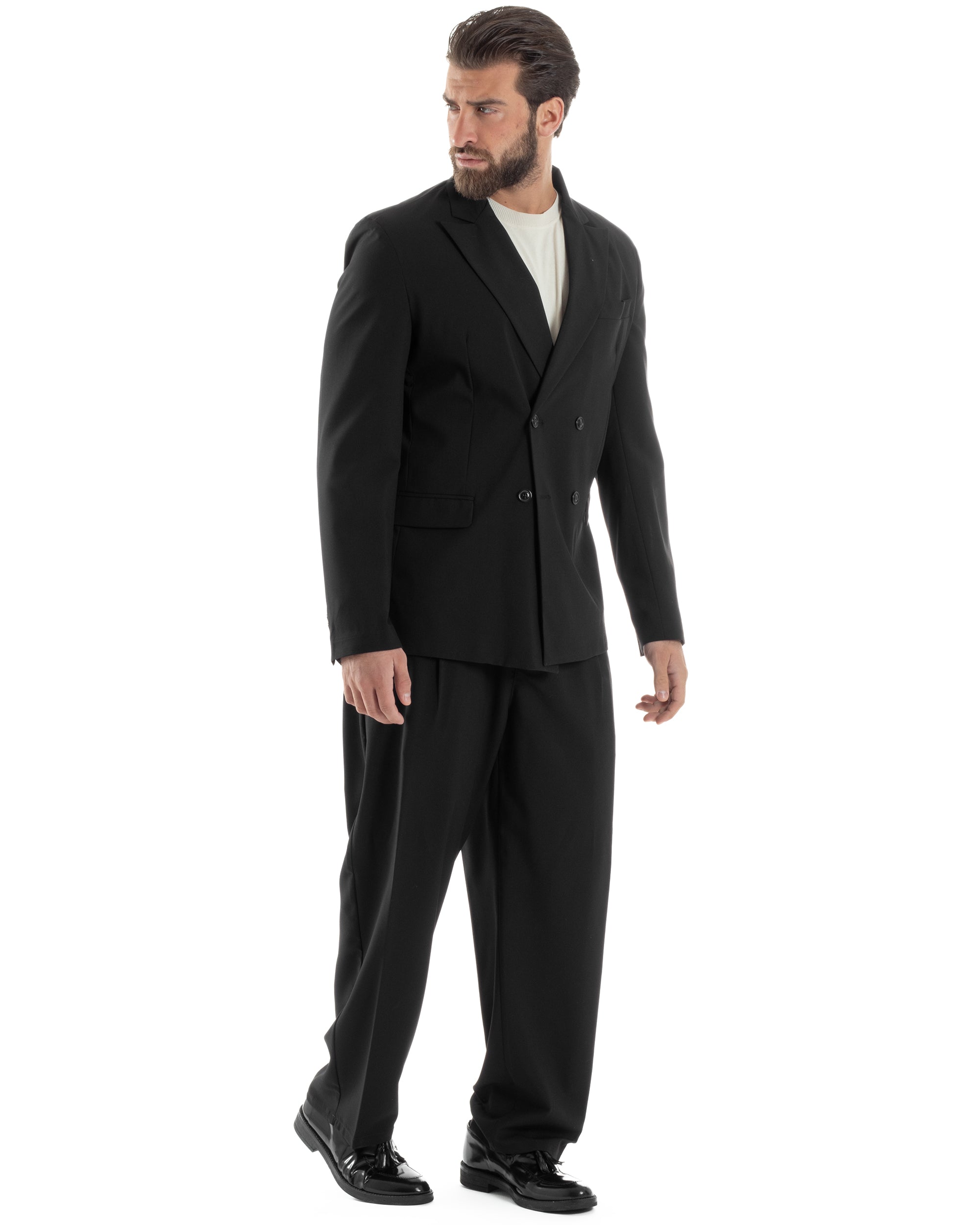 Herren-Anzugjacke aus Viskose, zweireihig, locker geschnitten, mit spitzem Revers, weitem Bein und Bundfaltenhose, lässig-locker, schwarz, GIOSAL-AE1120A