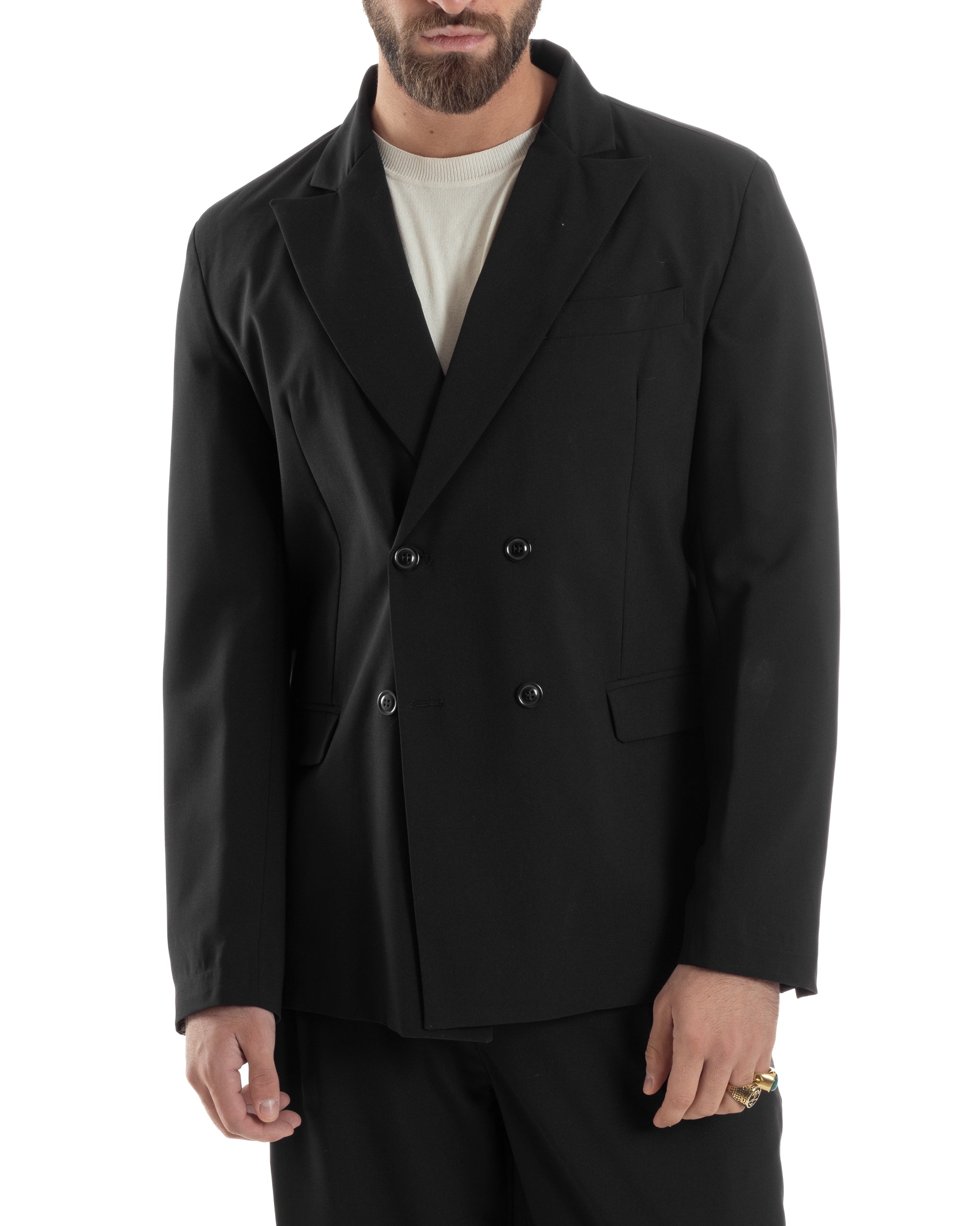 Herren-Anzugjacke aus Viskose, zweireihig, locker geschnitten, mit spitzem Revers, weitem Bein und Bundfaltenhose, lässig-locker, schwarz, GIOSAL-AE1120A