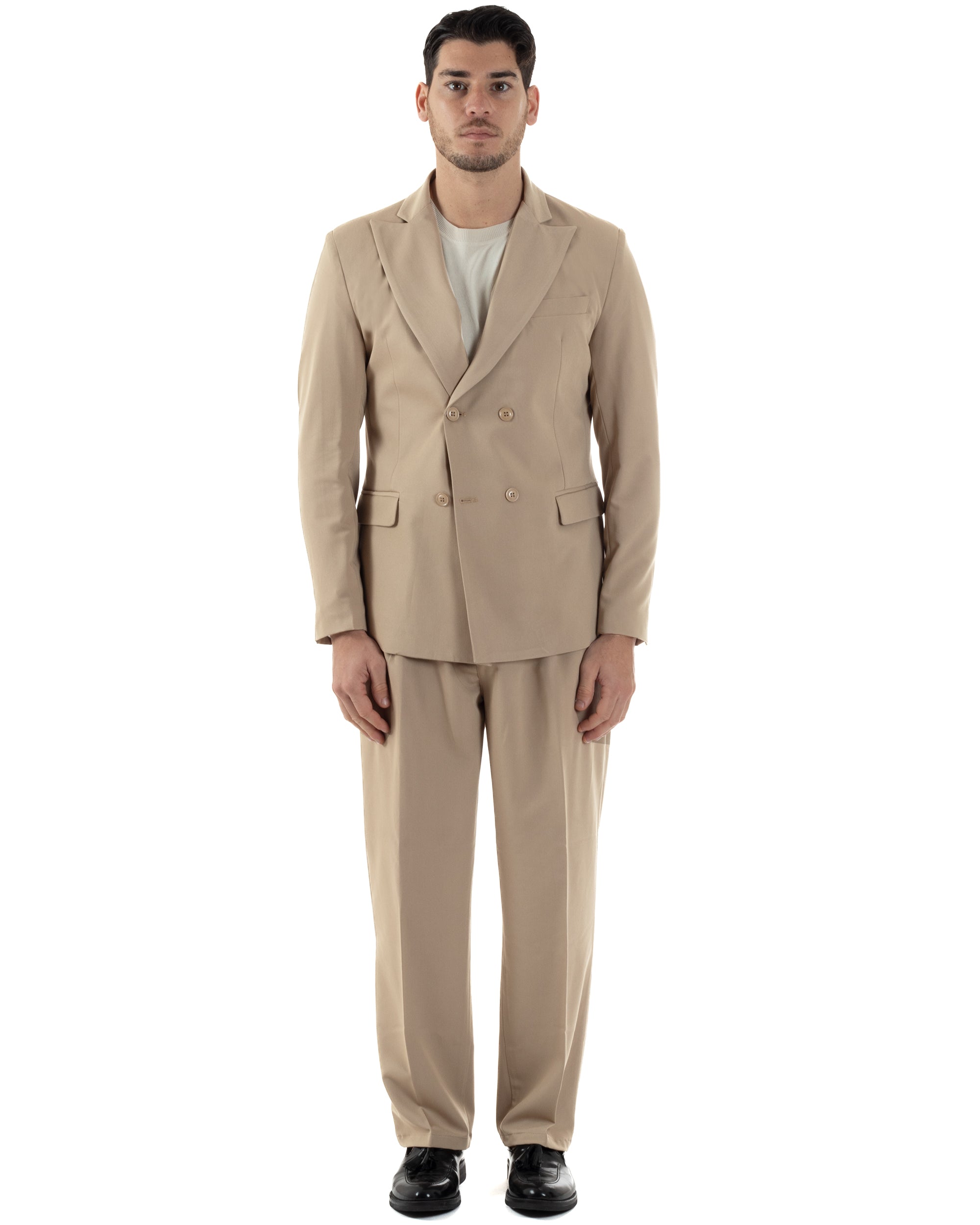 Abito Uomo Doppiopetto Viscosa Relaxed Fit Completo Giacca Rever A Lancia Pantaloni Pinces Fondo Largo Baggy Casual Beige GIOSAL-AE1121A