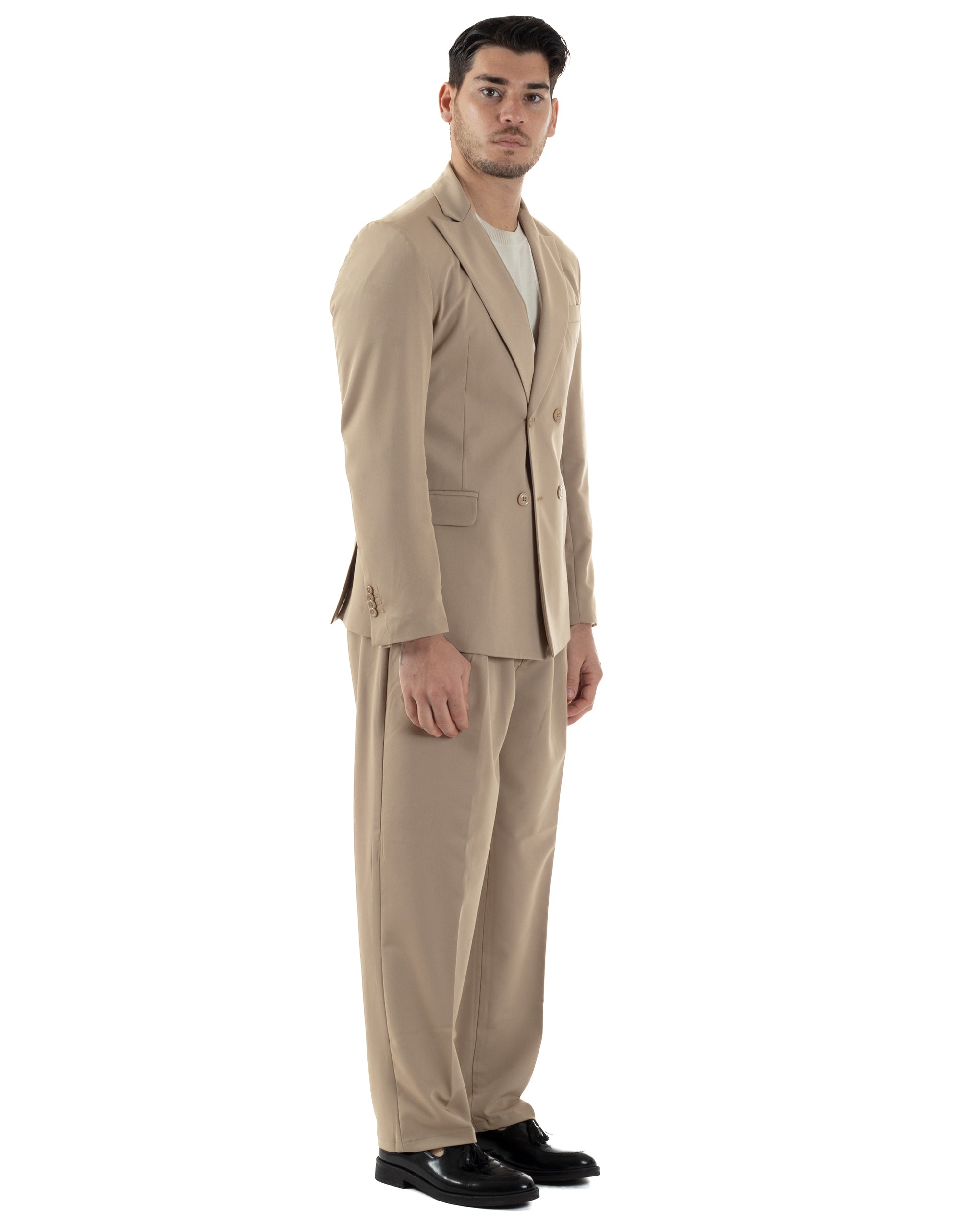 Abito Uomo Doppiopetto Viscosa Relaxed Fit Completo Giacca Rever A Lancia Pantaloni Pinces Fondo Largo Baggy Casual Beige GIOSAL-AE1121A