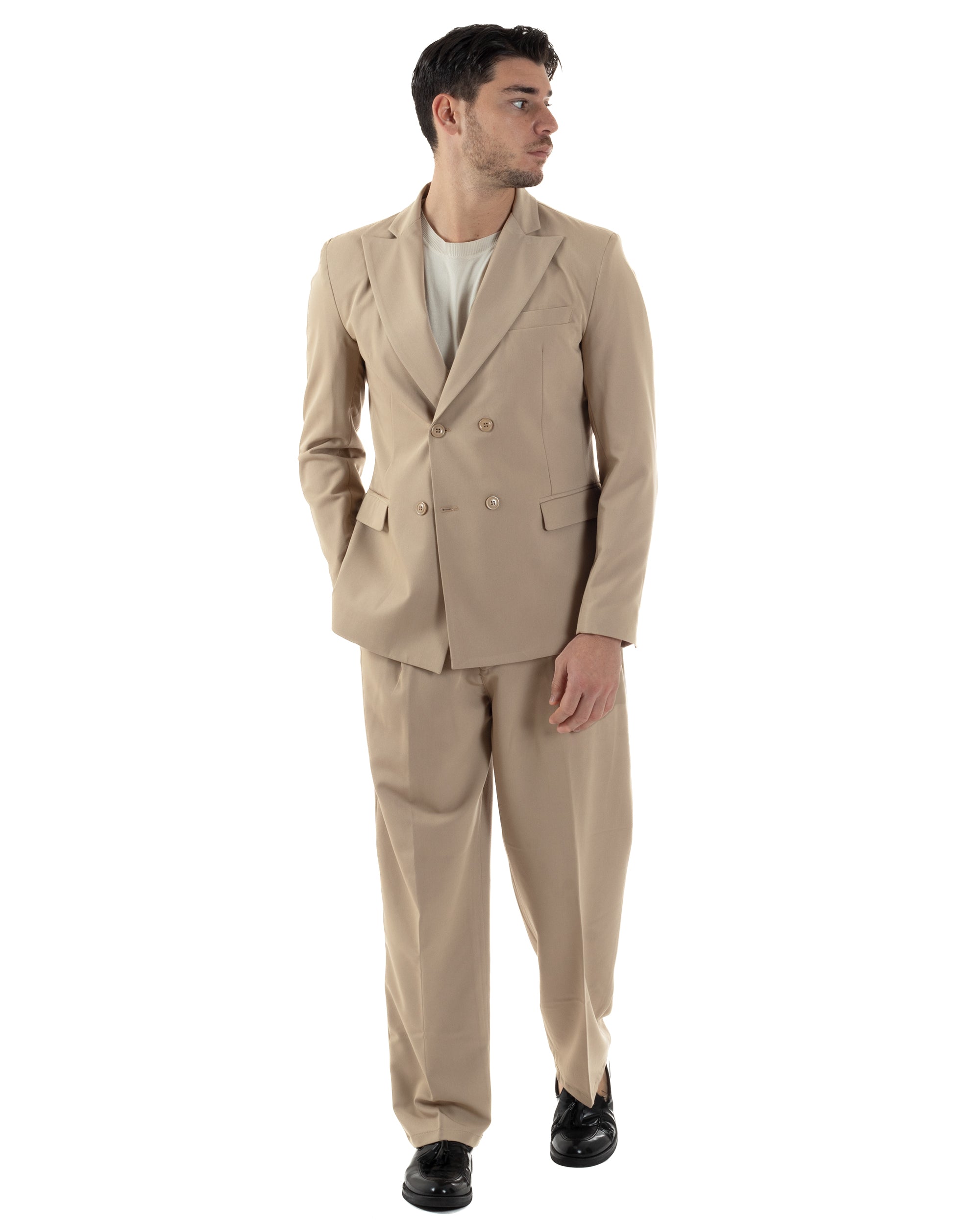 Abito Uomo Doppiopetto Viscosa Relaxed Fit Completo Giacca Rever A Lancia Pantaloni Pinces Fondo Largo Baggy Casual Beige GIOSAL-AE1121A