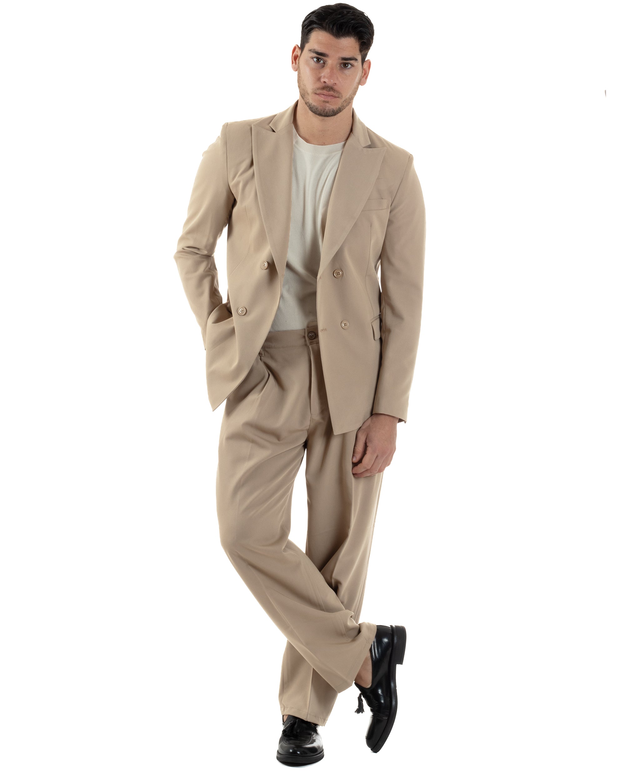 Abito Uomo Doppiopetto Viscosa Relaxed Fit Completo Giacca Rever A Lancia Pantaloni Pinces Fondo Largo Baggy Casual Beige GIOSAL-AE1121A